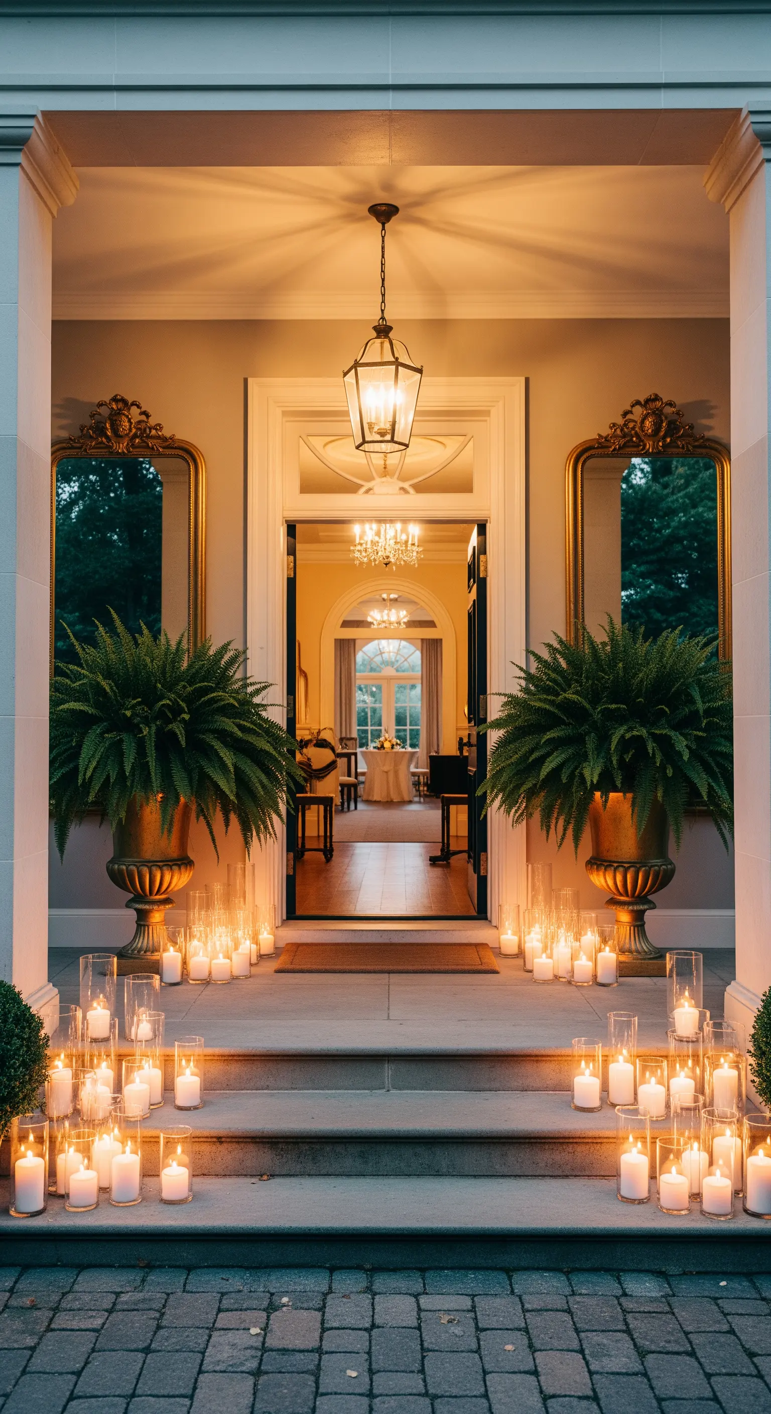 Ingresso di una casa elegante con due specchi dorati, due grandi vasi e gruppi di candele.