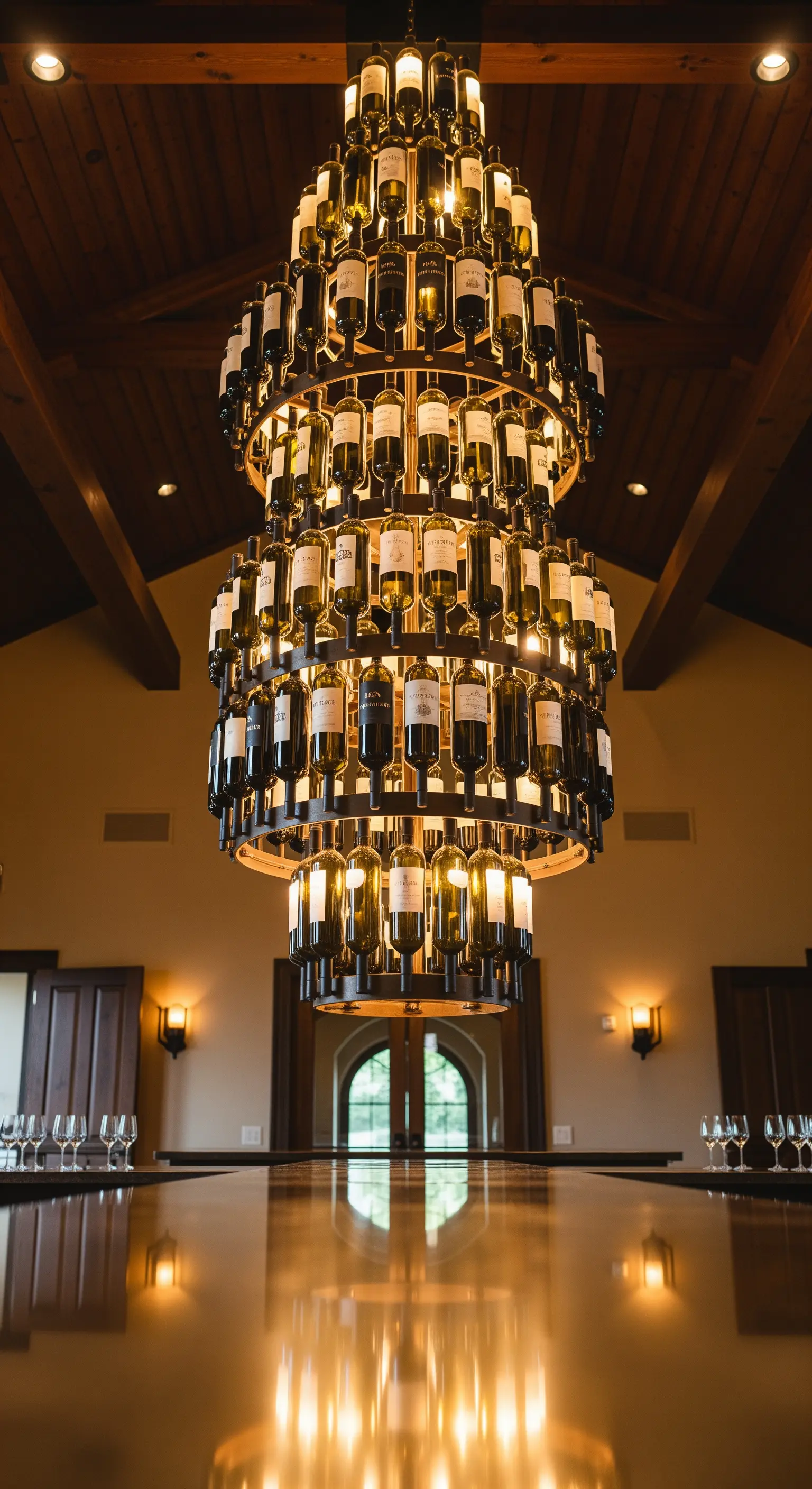 Enorme lampadario a più piani in una cantina, fatto con centinaia di bottiglie di vino.