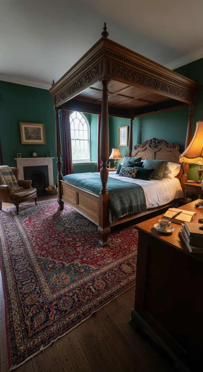 Camera da letto signorile con pareti verdi, letto a baldacchino intagliato e tappeto rosso.
