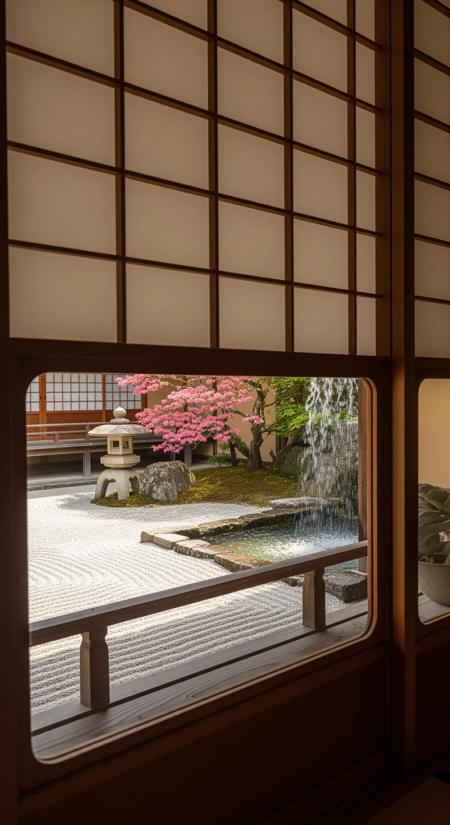 Vista di un giardino zen con cascata attraverso una finestra con pannelli shoji in legno