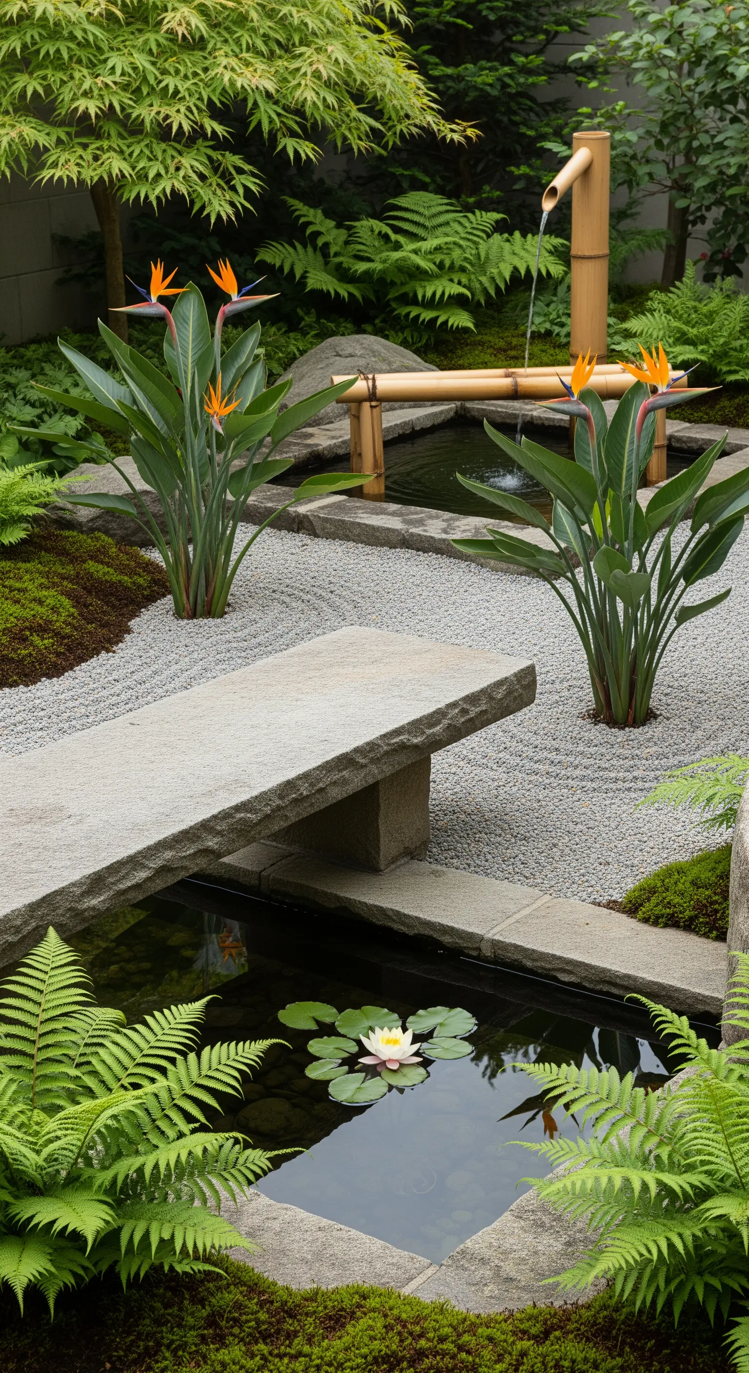 Giardino zen con ruscello, panchina in pietra, fontana di bambù e ninfee.