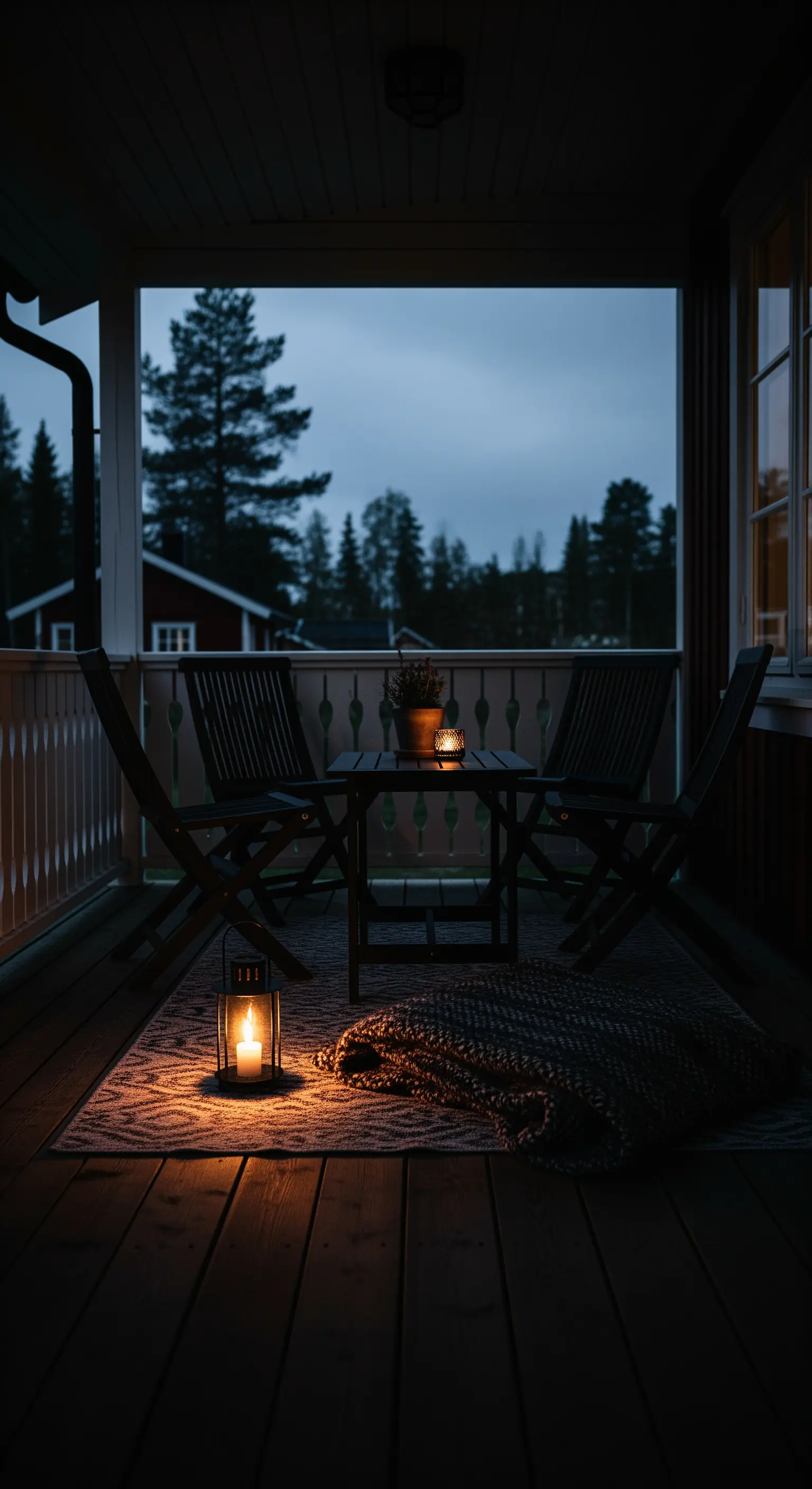 Portico di notte illuminato solo da una lanterna a terra e una piccola candela sul tavolo.