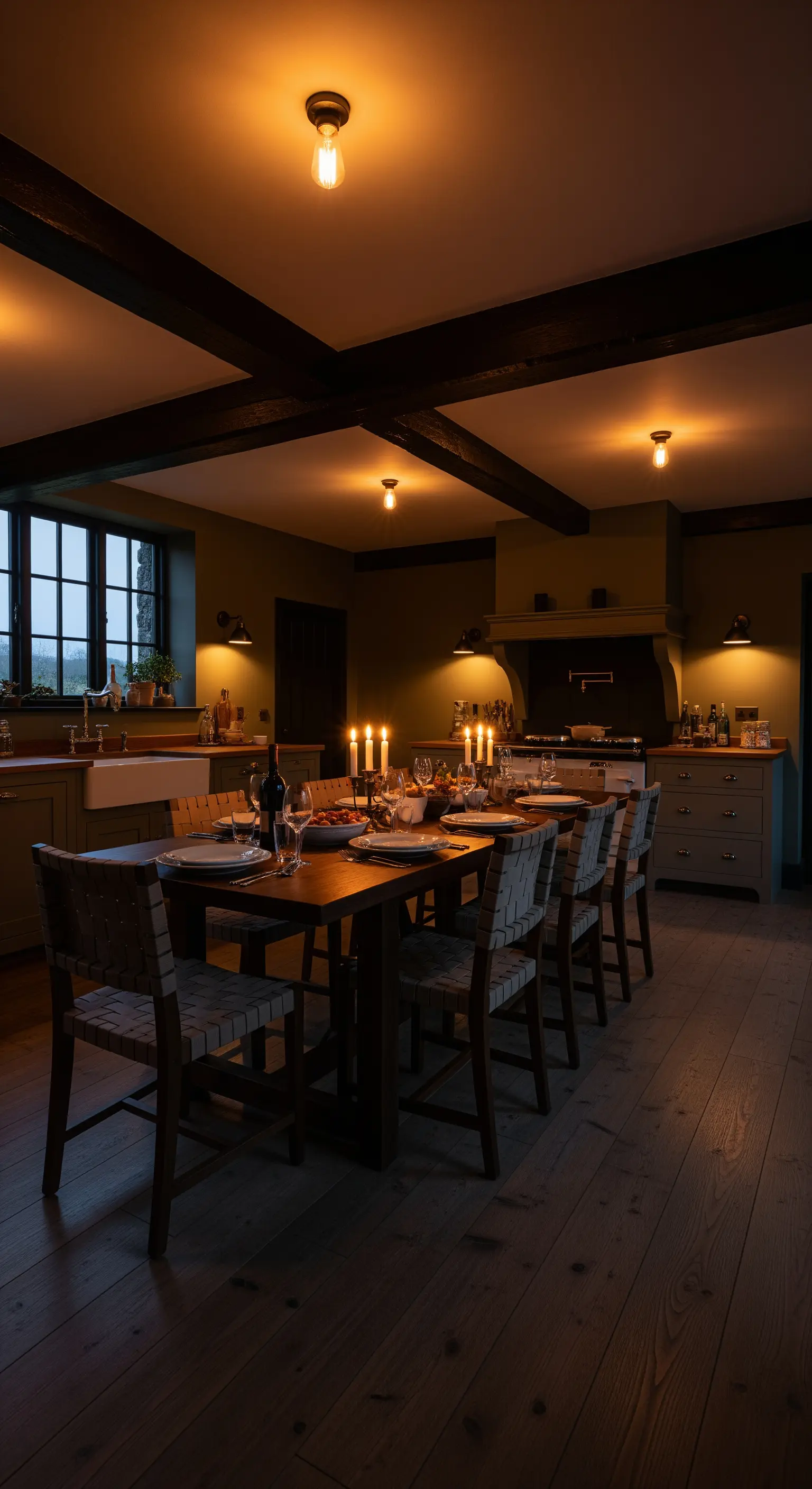 Cucina rustica illuminata da candele e piccole lampade, con travi scure a soffitto.