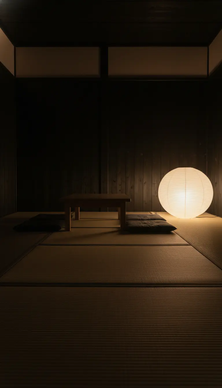 Stanza buia con pareti in legno illuminata da una sola lampada sferica in carta di riso.
