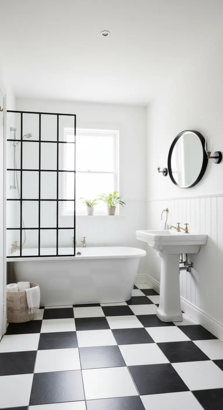 Bagno classico con pavimento a scacchi e box doccia con profili neri.