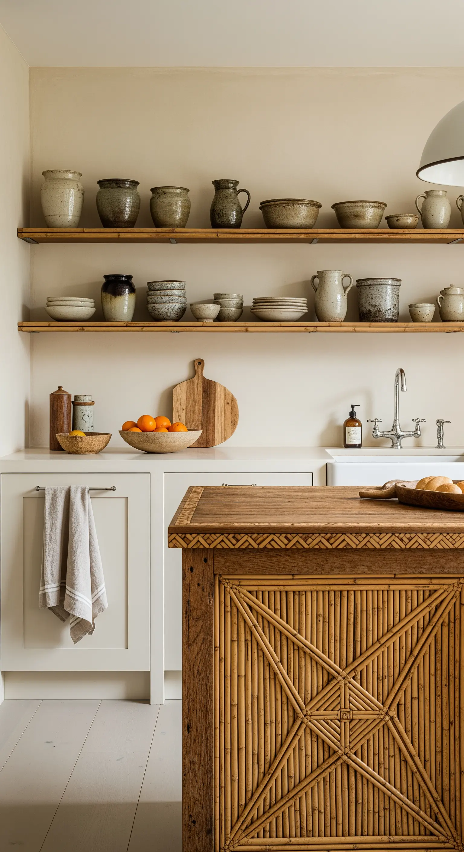 Isola cucina con un pannello decorativo in bambù intrecciato a motivi geometrici.