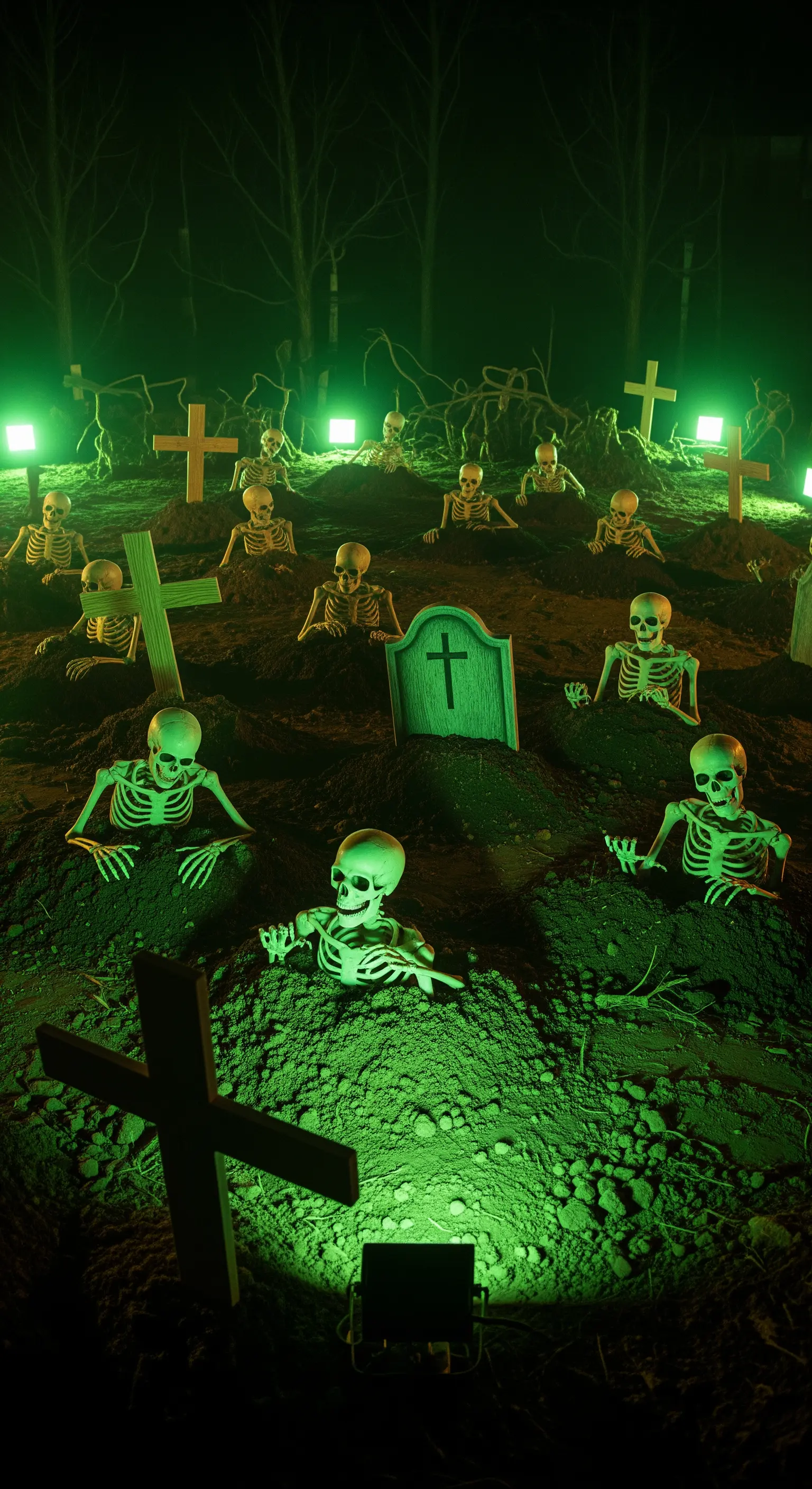 Scheletri emergono da tombe illuminate da una sinistra luce verde in un cimitero notturno.