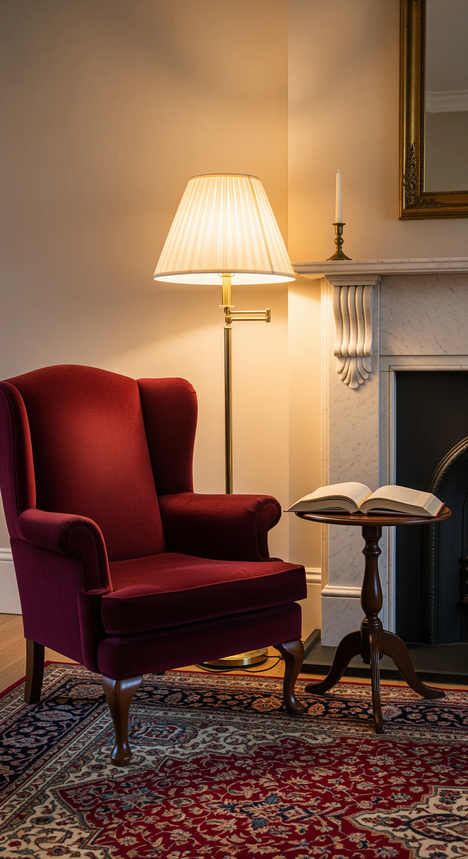 Poltrona in velluto rosso scuro accanto a un tavolino da lettura, illuminata da una lampada da terra.