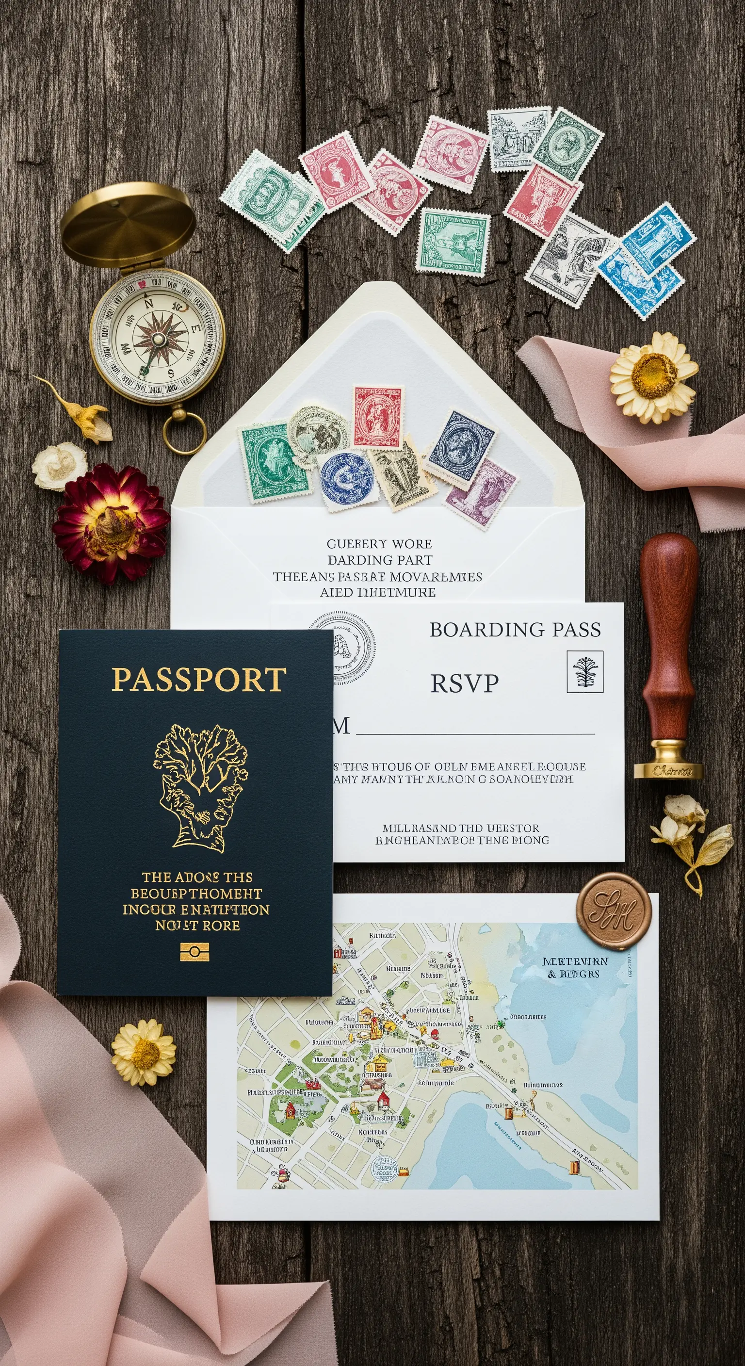 Partecipazioni di nozze a tema viaggio, a forma di passaporto, carta d'imbarco e mappa.
