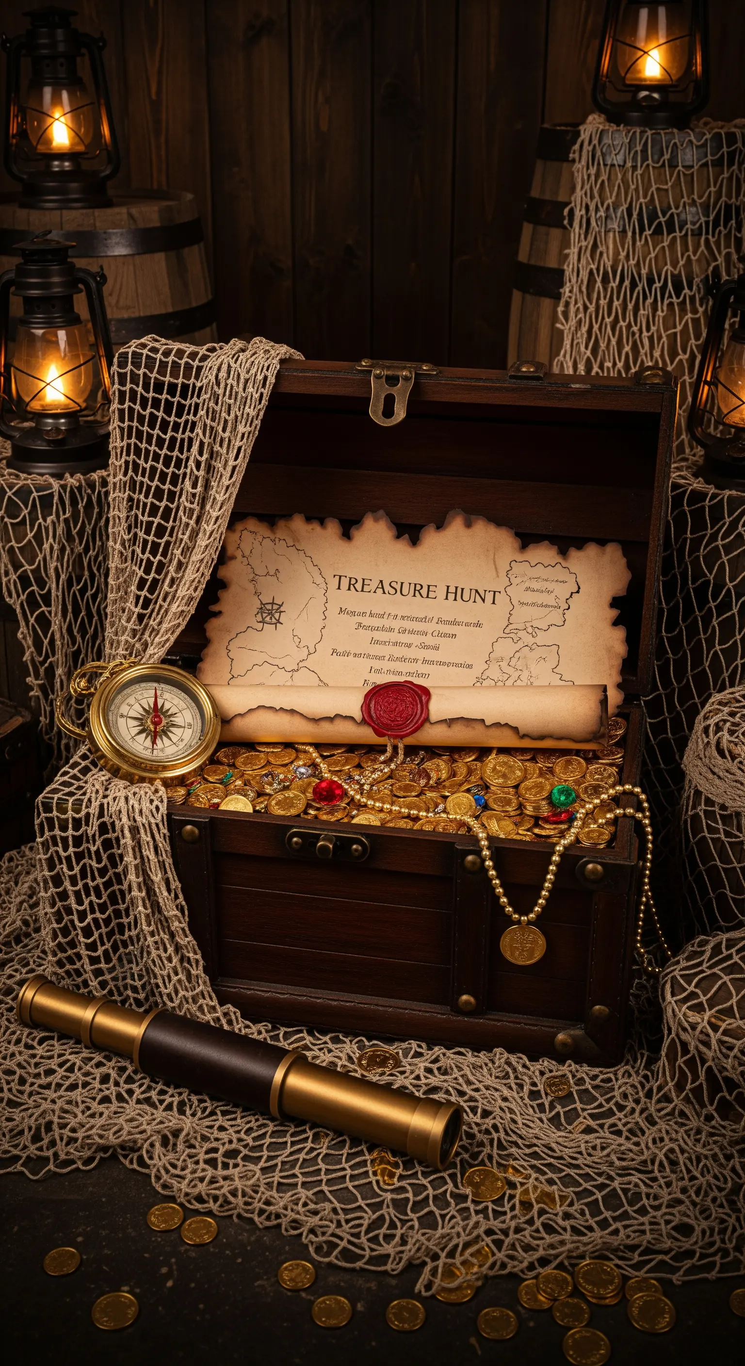 Invito a forma di mappa del tesoro arrotolata, dentro un forziere pieno di monete d'oro.