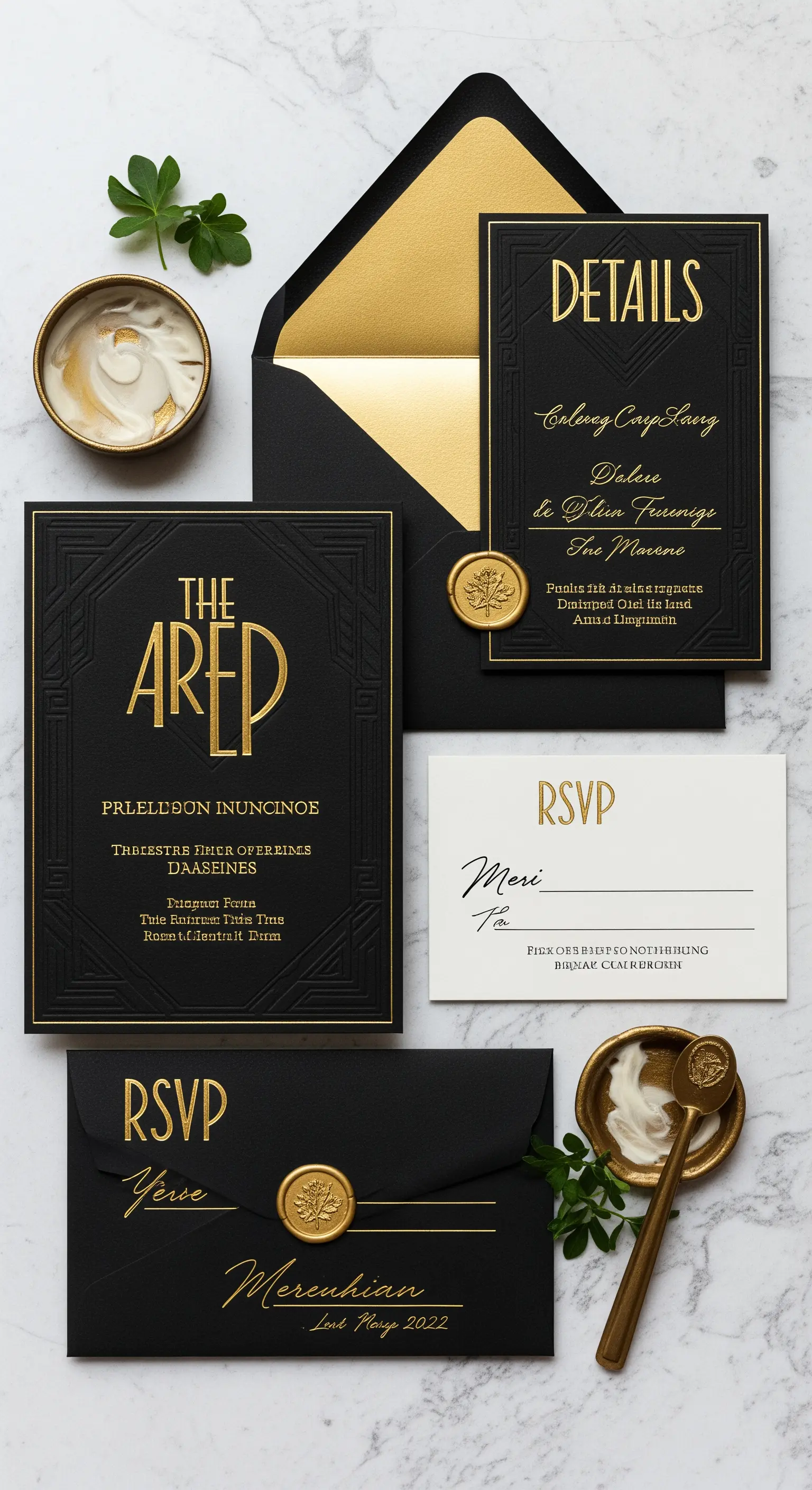 Set di inviti di lusso neri e oro con stampa a rilievo e sigillo in ceralacca.
