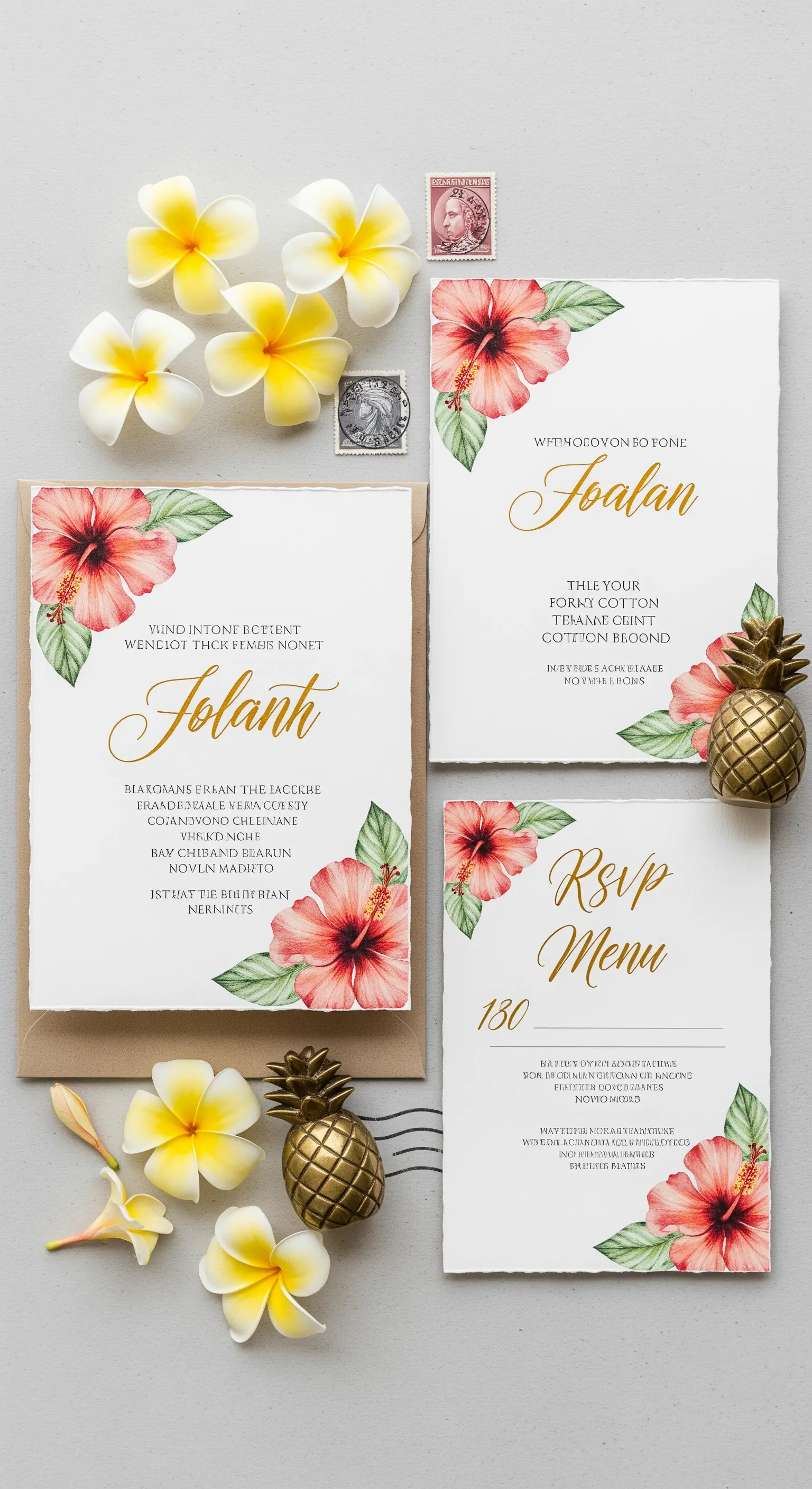 Coordinato grafico per una festa tropicale con illustrazioni di fiori di ibisco e testo dorato.