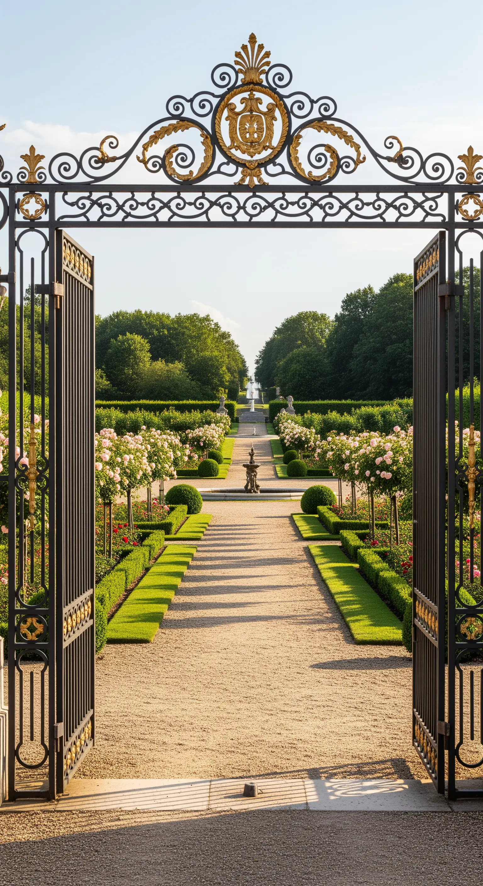 Cancello ornamentale in ferro battuto aperto su un lungo viale fiorito.