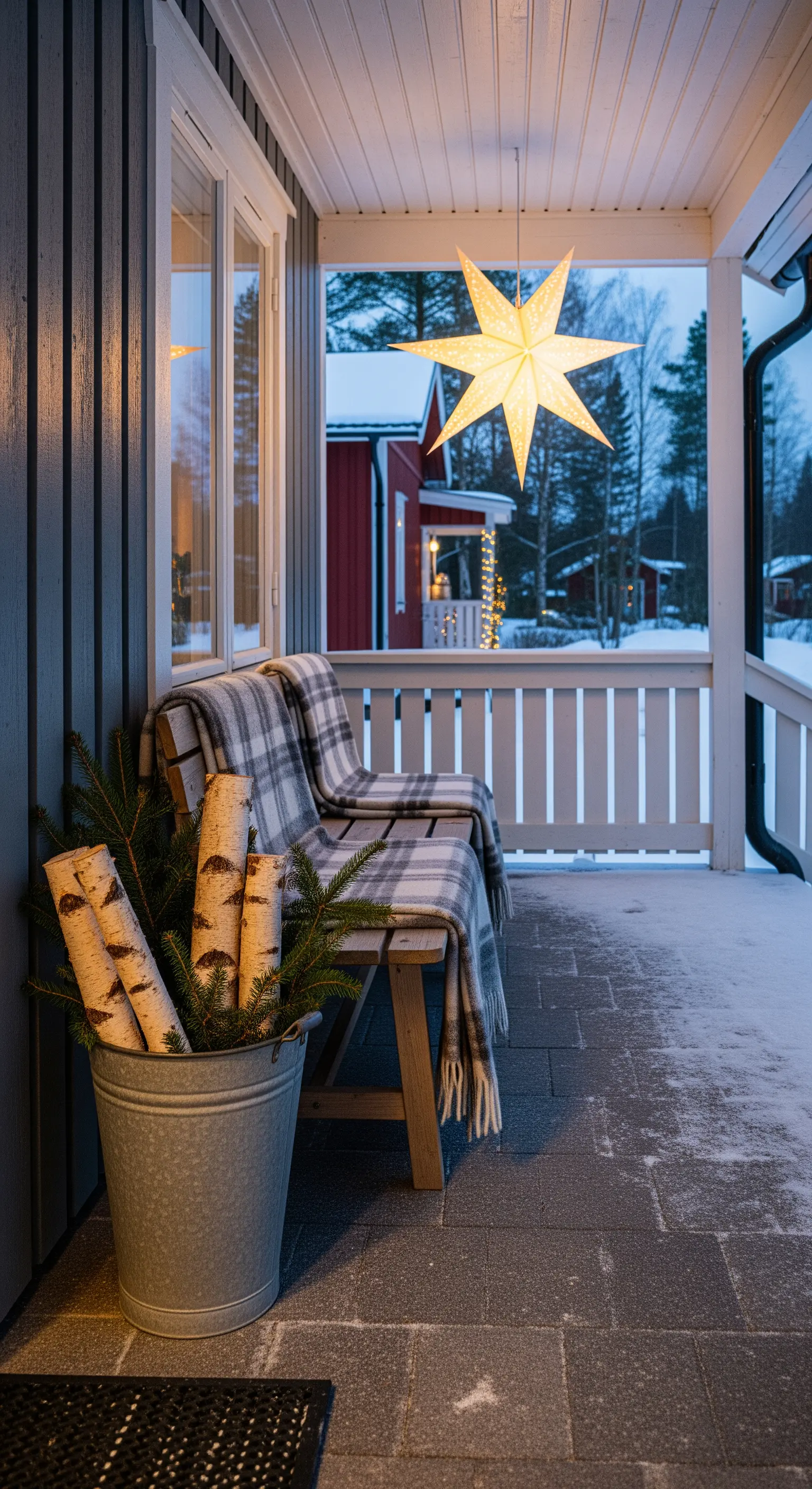Veranda invernale con panca, plaid, tronchi di betulla e una grande stella luminosa.