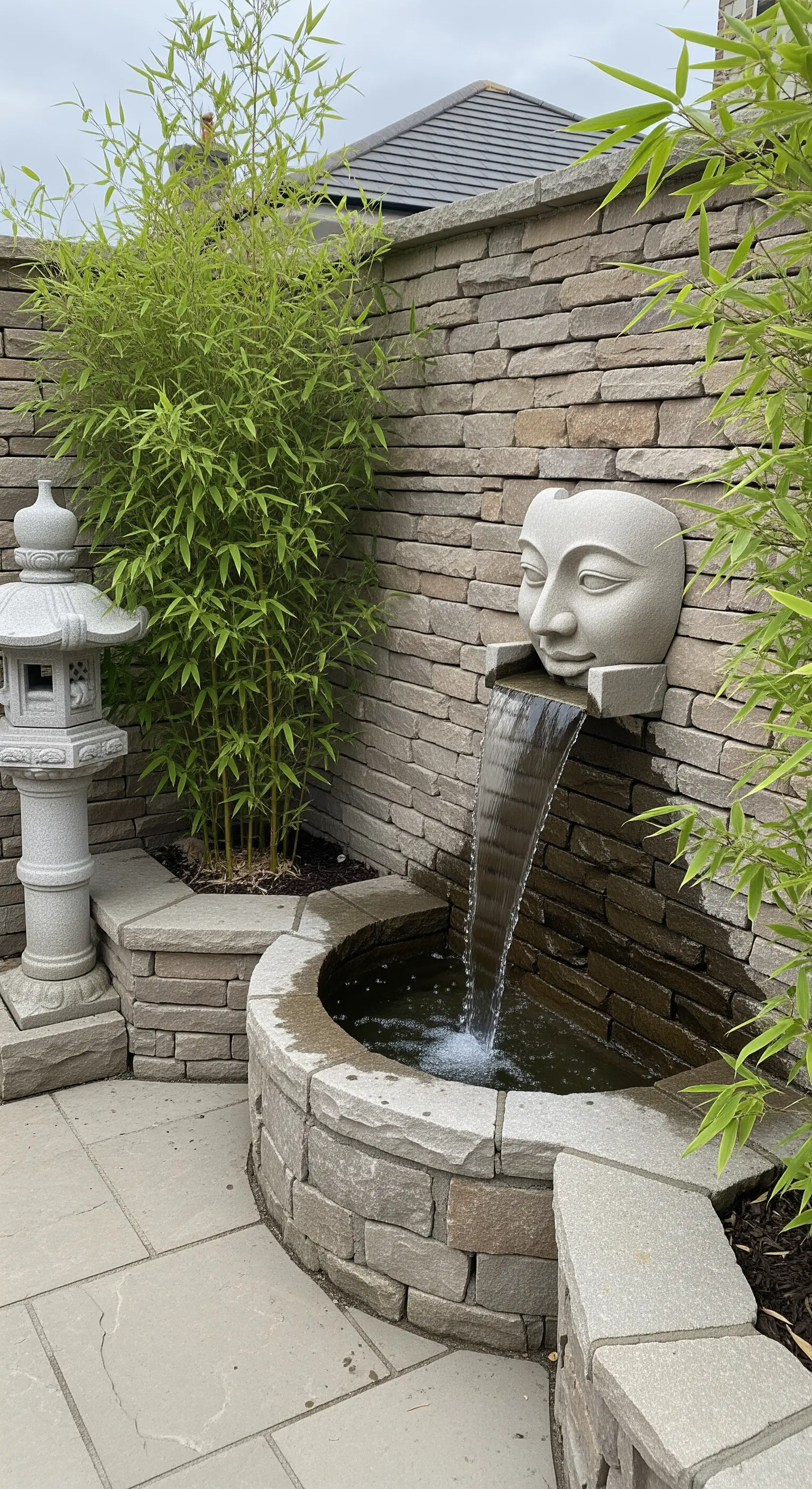 Fontana a muro in pietra a forma di volto, circondata da bambù e una lanterna.