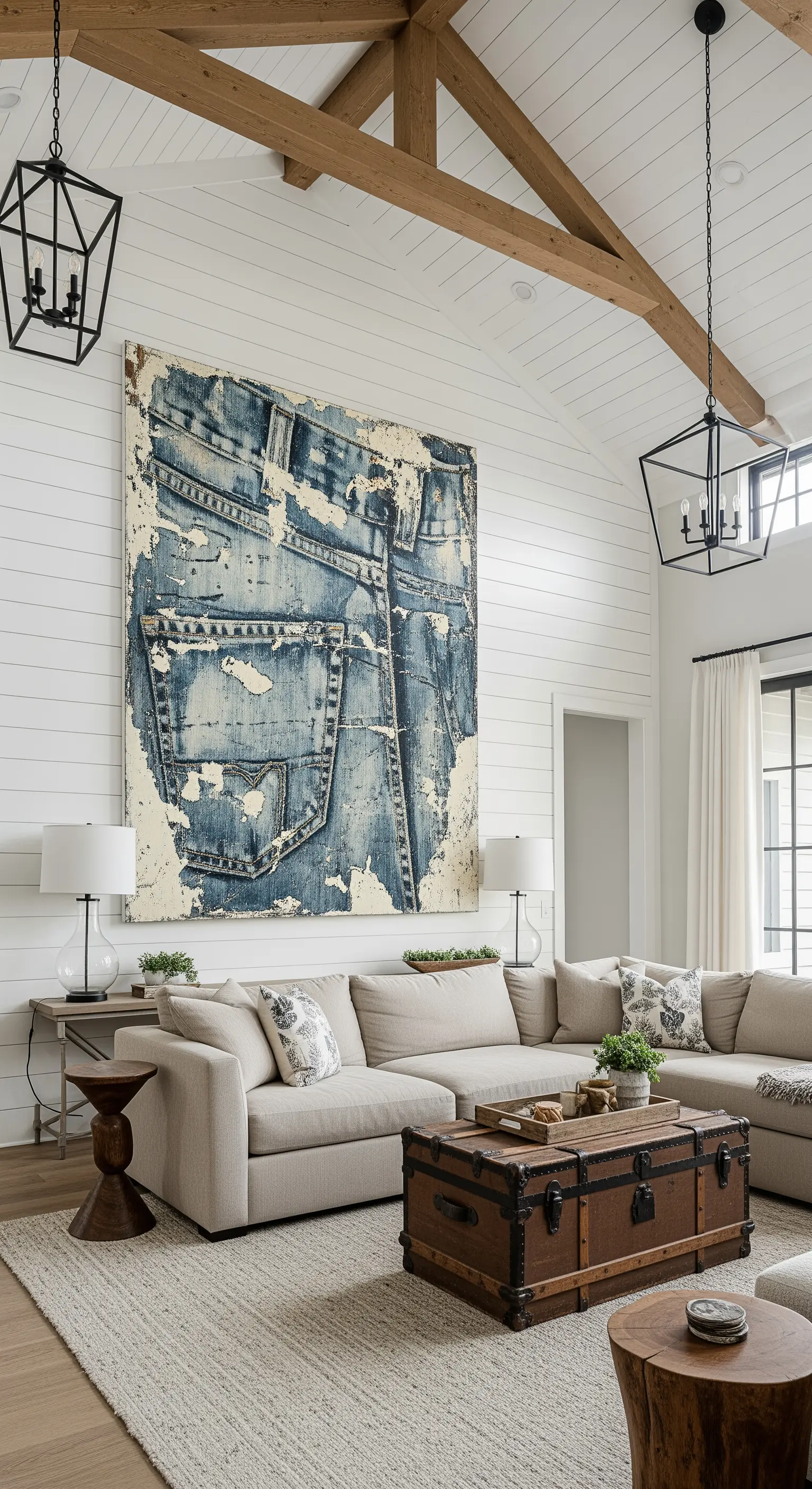 Quadro gigante raffigurante un paio di jeans usurati in un soggiorno in stile Modern Farmhouse.