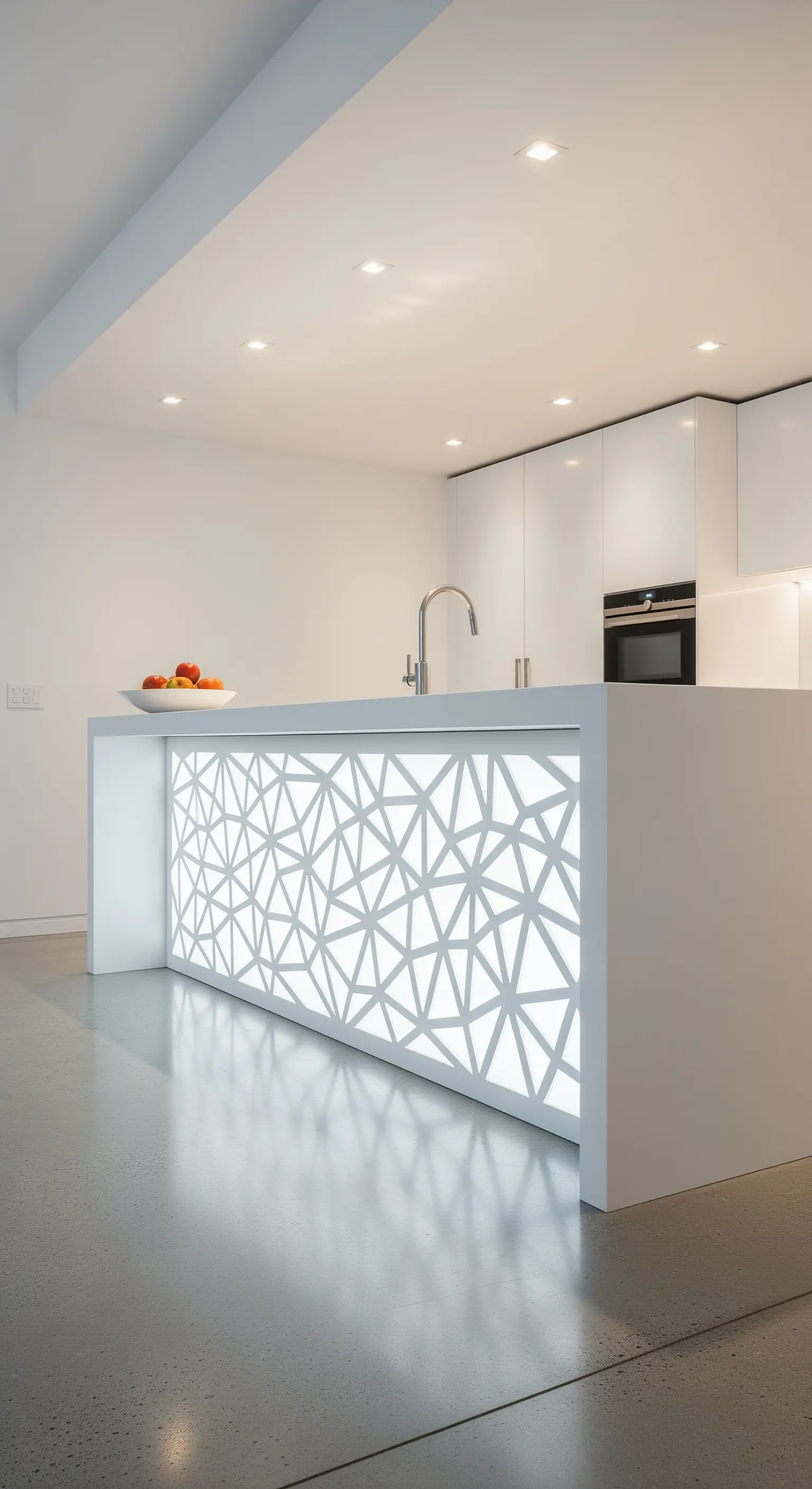 Isola da cucina bianca con pannello frontale retroilluminato a motivi geometrici.