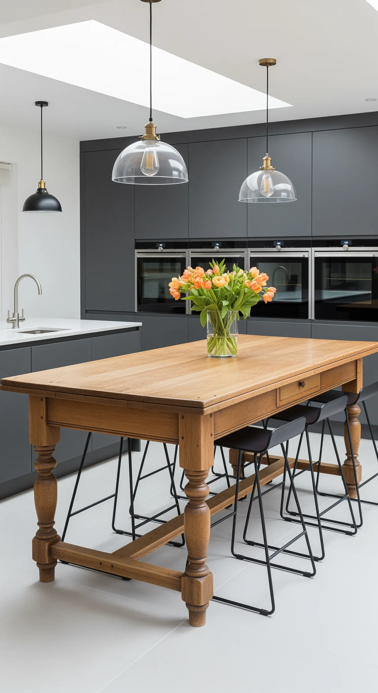 Cucina moderna con mobili grigi e un grande tavolo da pranzo antico in legno usato come isola.