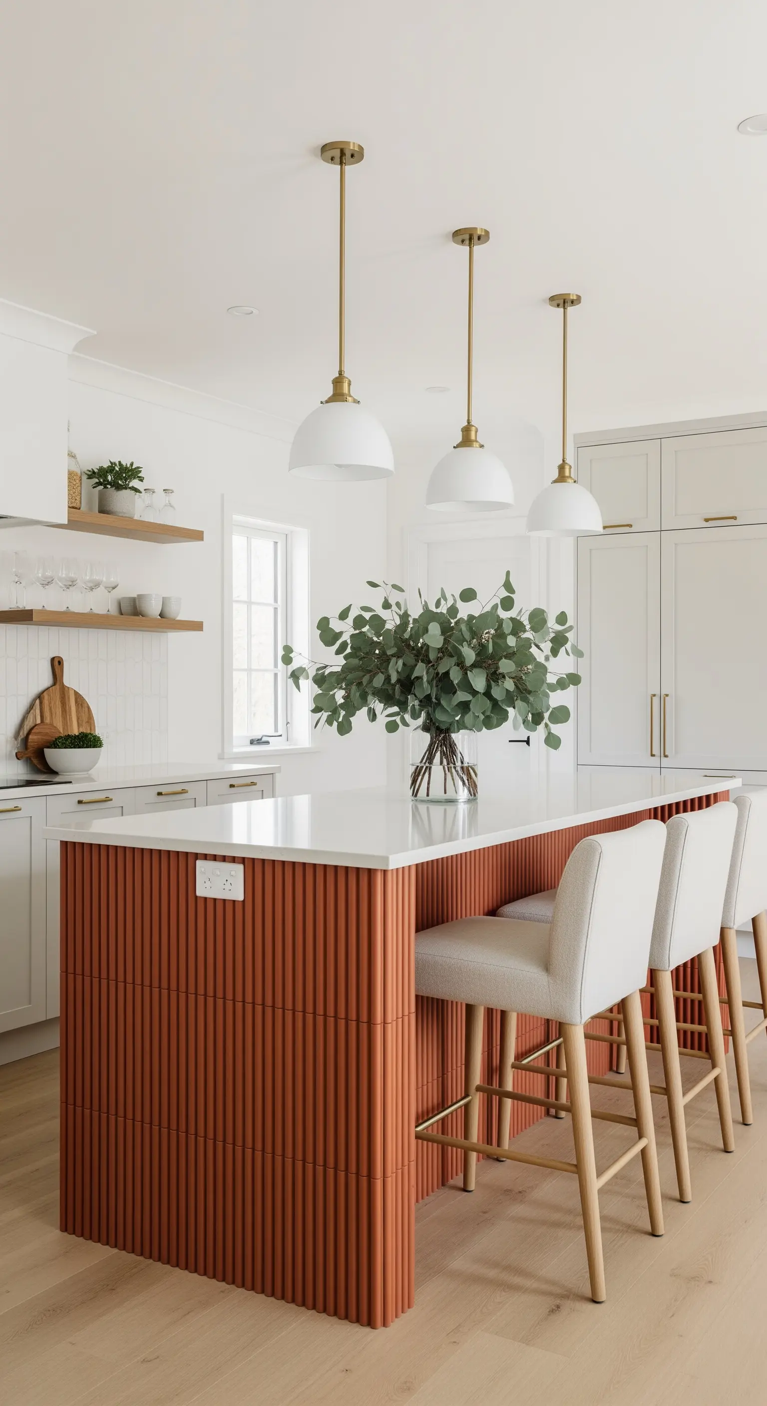 Cucina bianca con isola scanalata color terracotta e lampade a sospensione dorate.