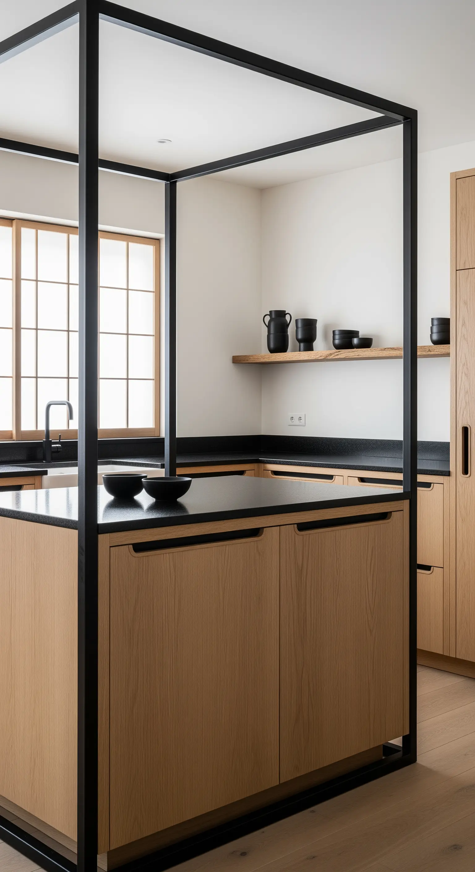 Isola cucina in legno chiaro incorniciata da una struttura squadrata in metallo nero.