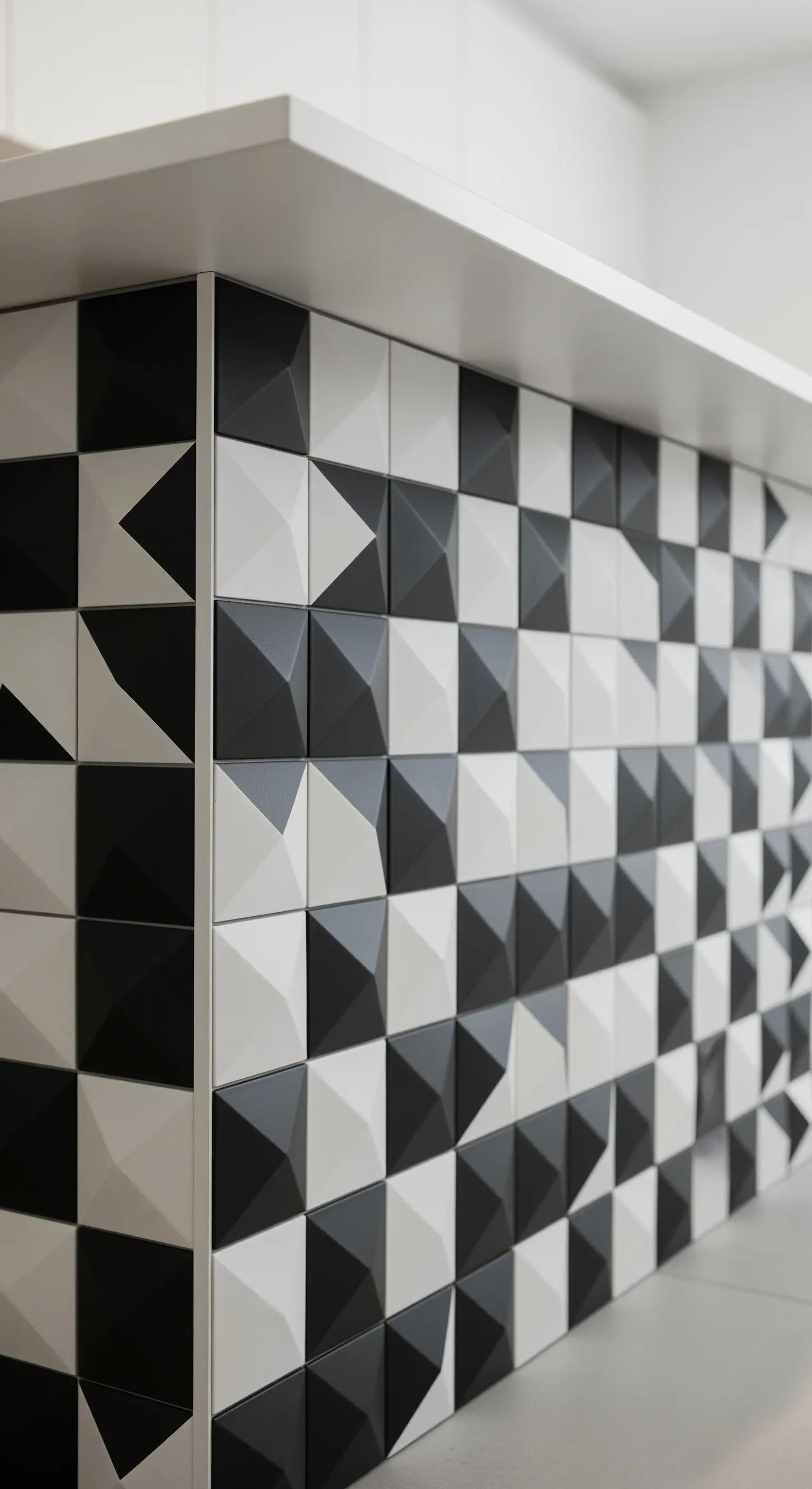Dettaglio di un'isola rivestita con piastrelle 3D a piramide in bianco e nero.