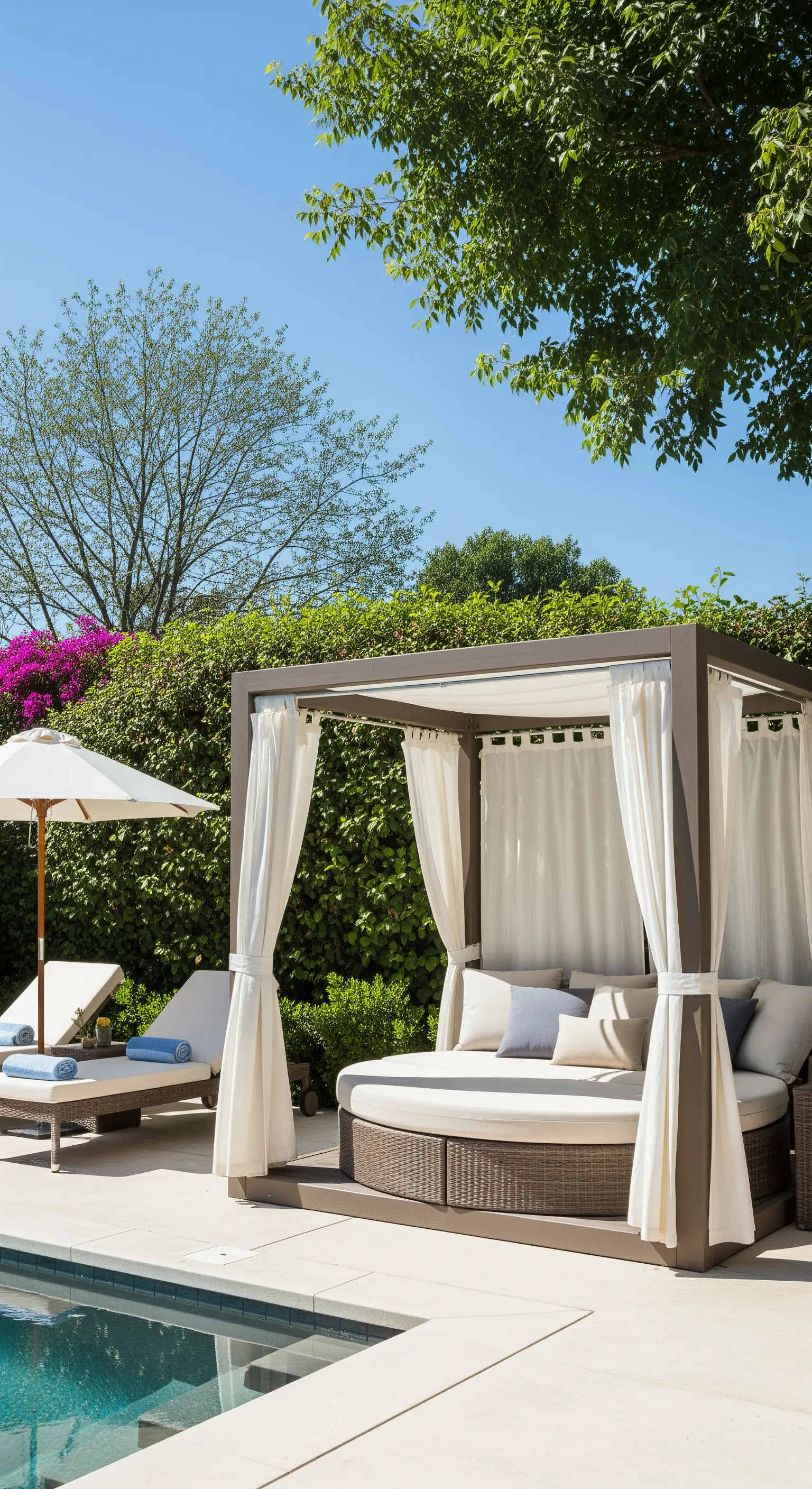 Daybed rotondo con struttura a baldacchino e tende bianche a bordo piscina