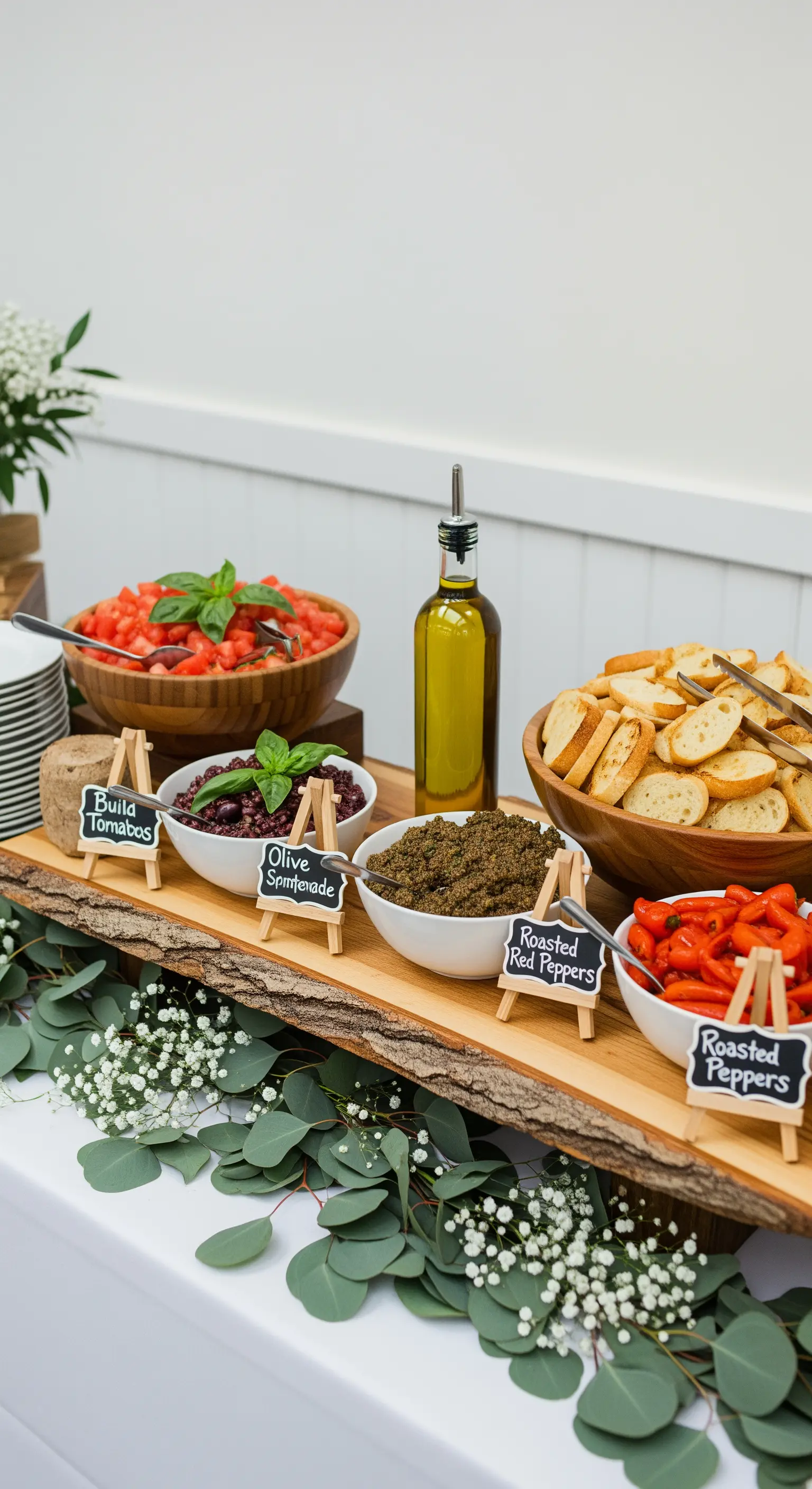 Buffet di bruschette con diverse ciotole e piccole lavagne per indicare i condimenti.