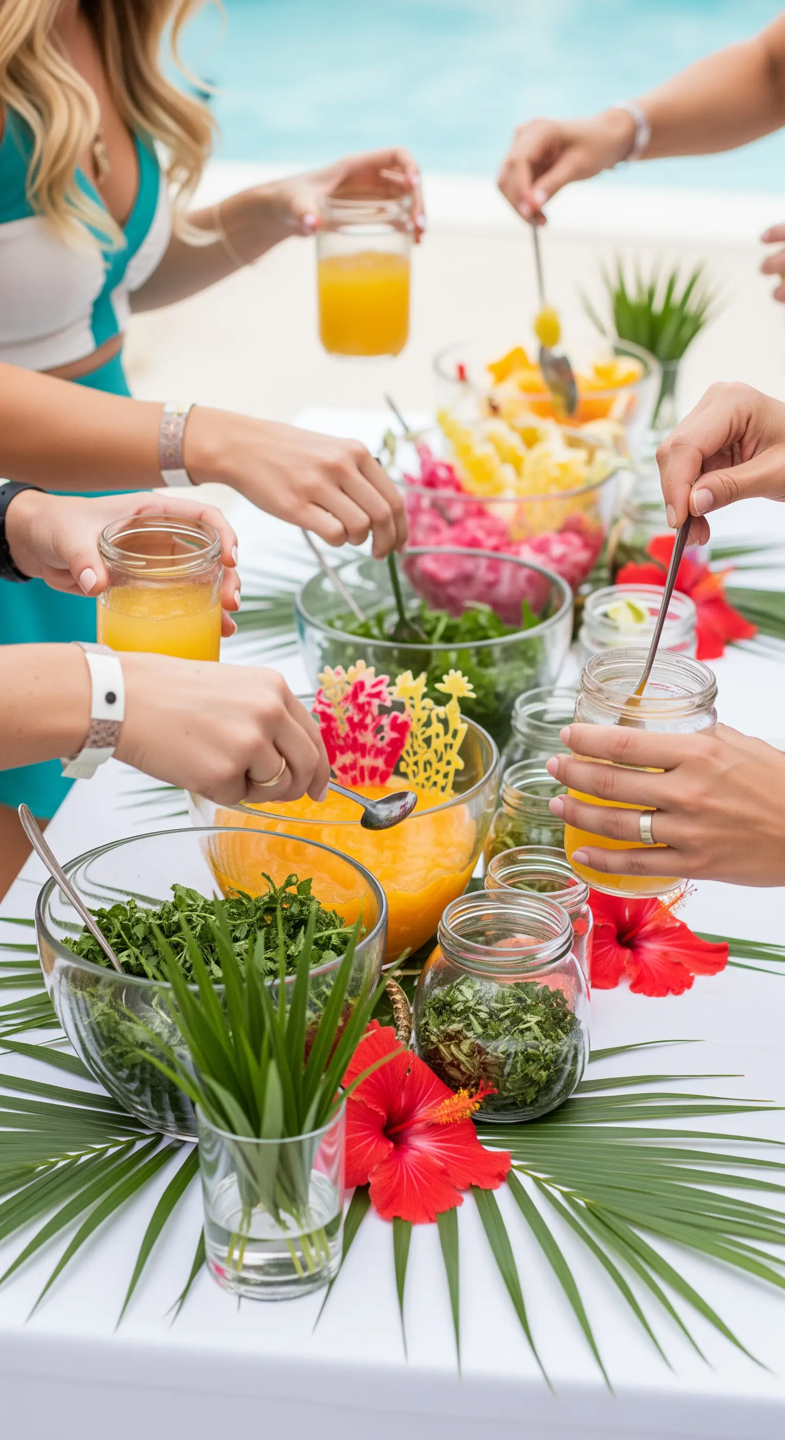 Tavolo allestito con ingredienti freschi per preparare smoothie e bowl a bordo piscina.