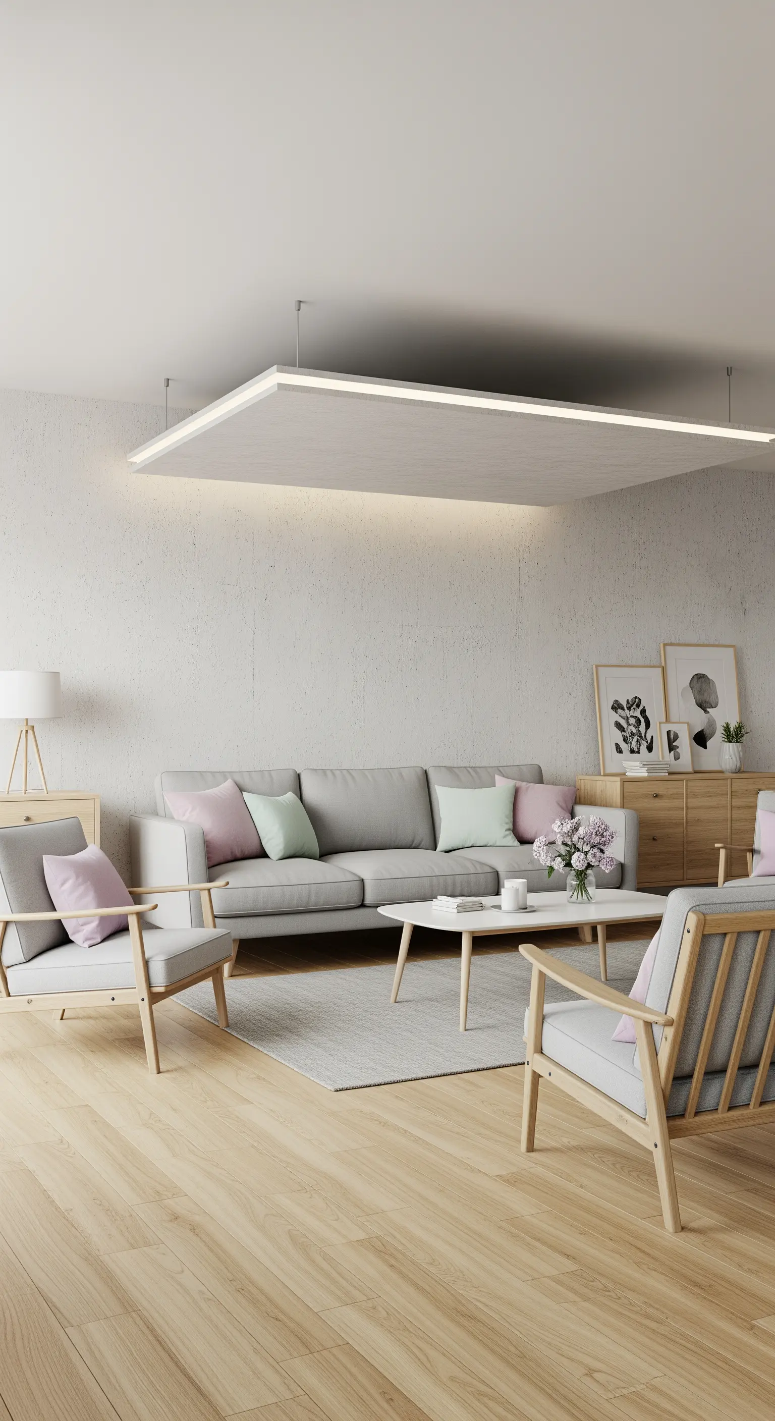 Soggiorno con pannello sospeso effetto cemento al soffitto che emette luce LED diffusa.