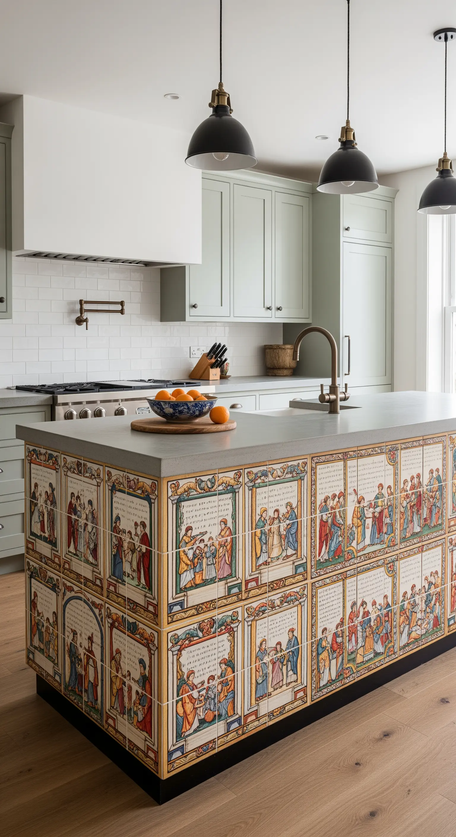 Isola della cucina rivestita con piastrelle decorate che raccontano una storia.
