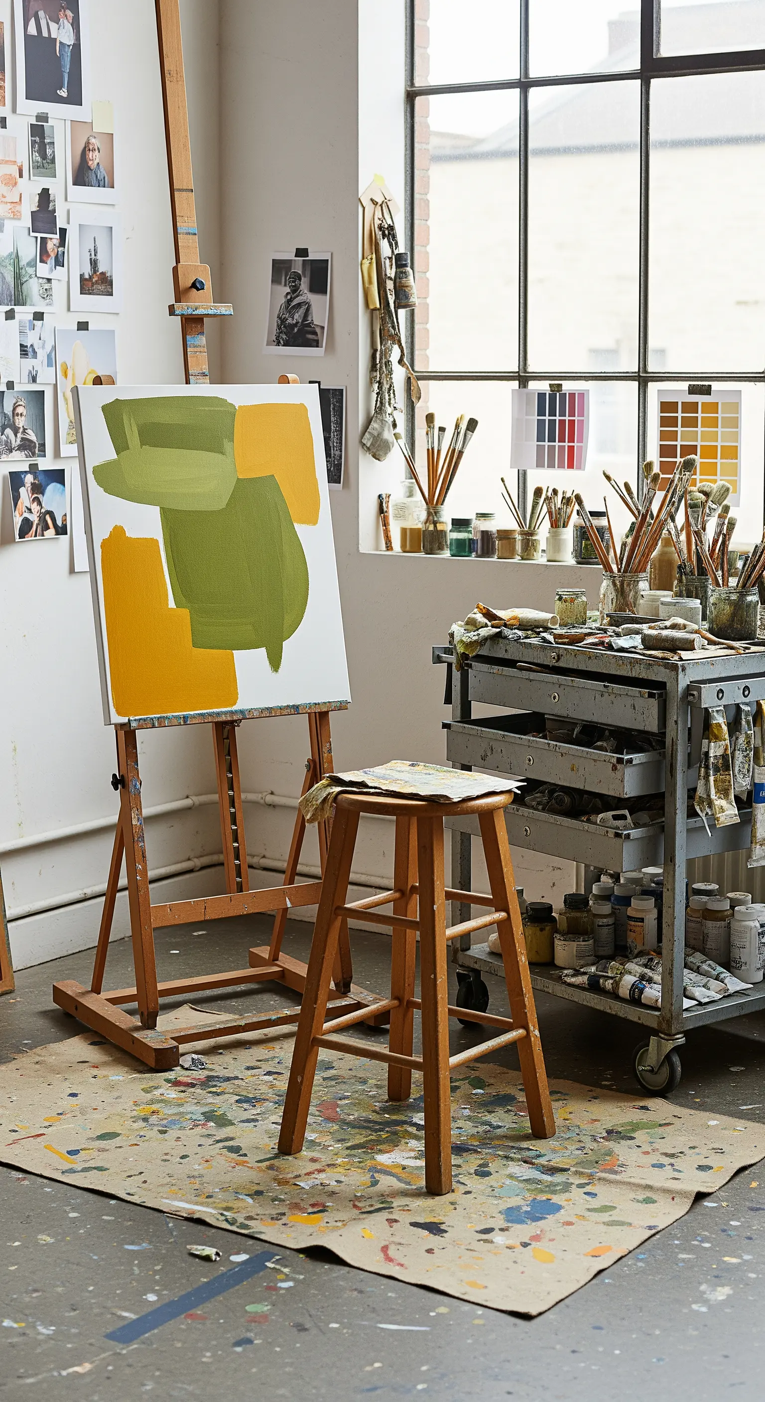 Studio d'artista con un cavalletto e una tela astratta con campiture verde oliva e senape.