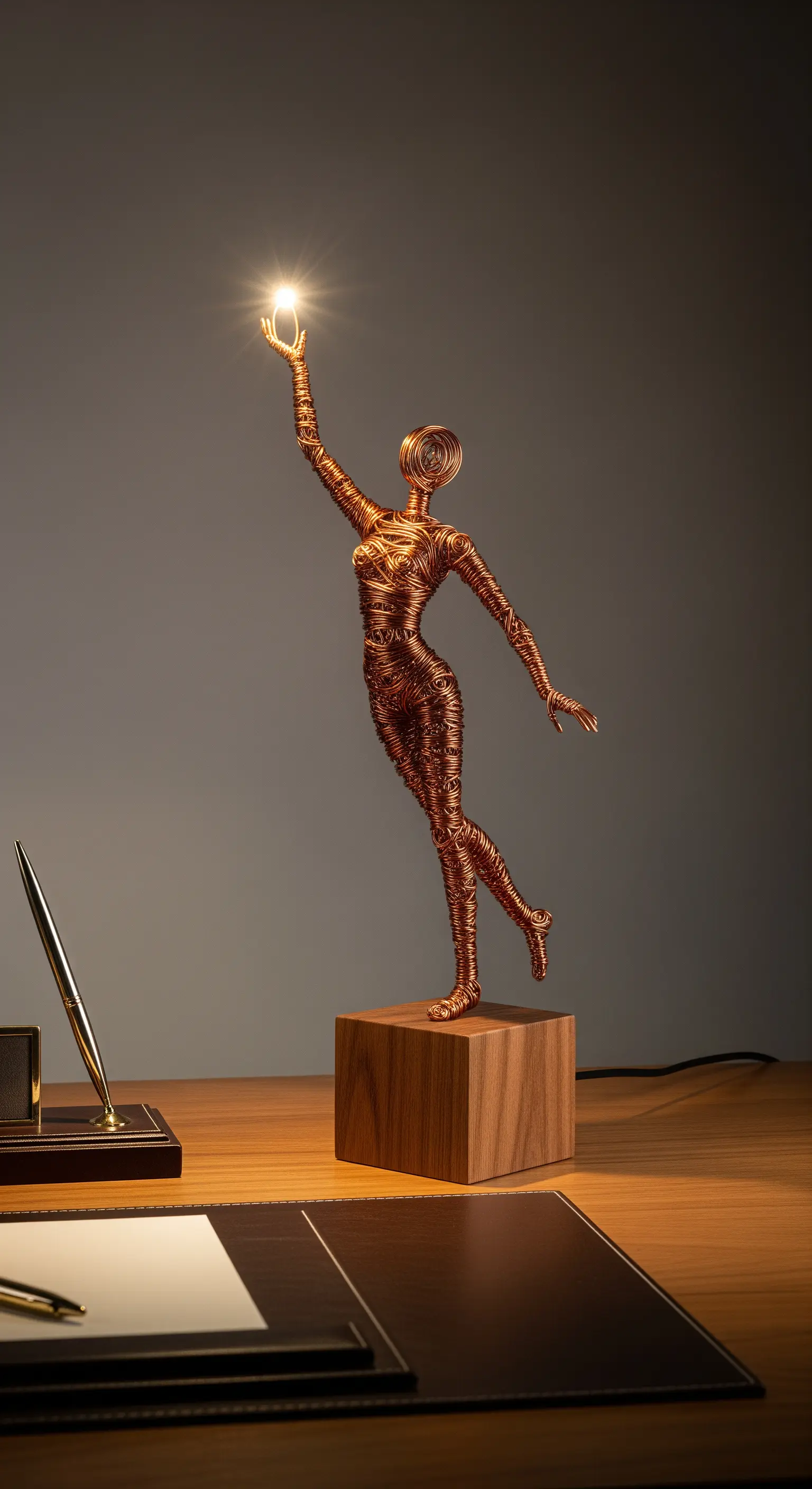 Figura umana stilizzata in filo di rame che tende una mano verso una lampadina accesa.