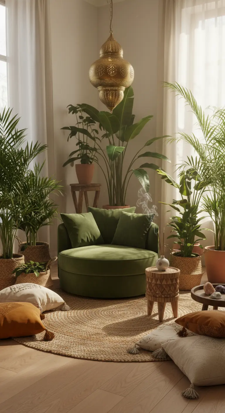 Poltrona rotonda in velluto verde circondata da piante e con una lanterna marocchina sospesa.