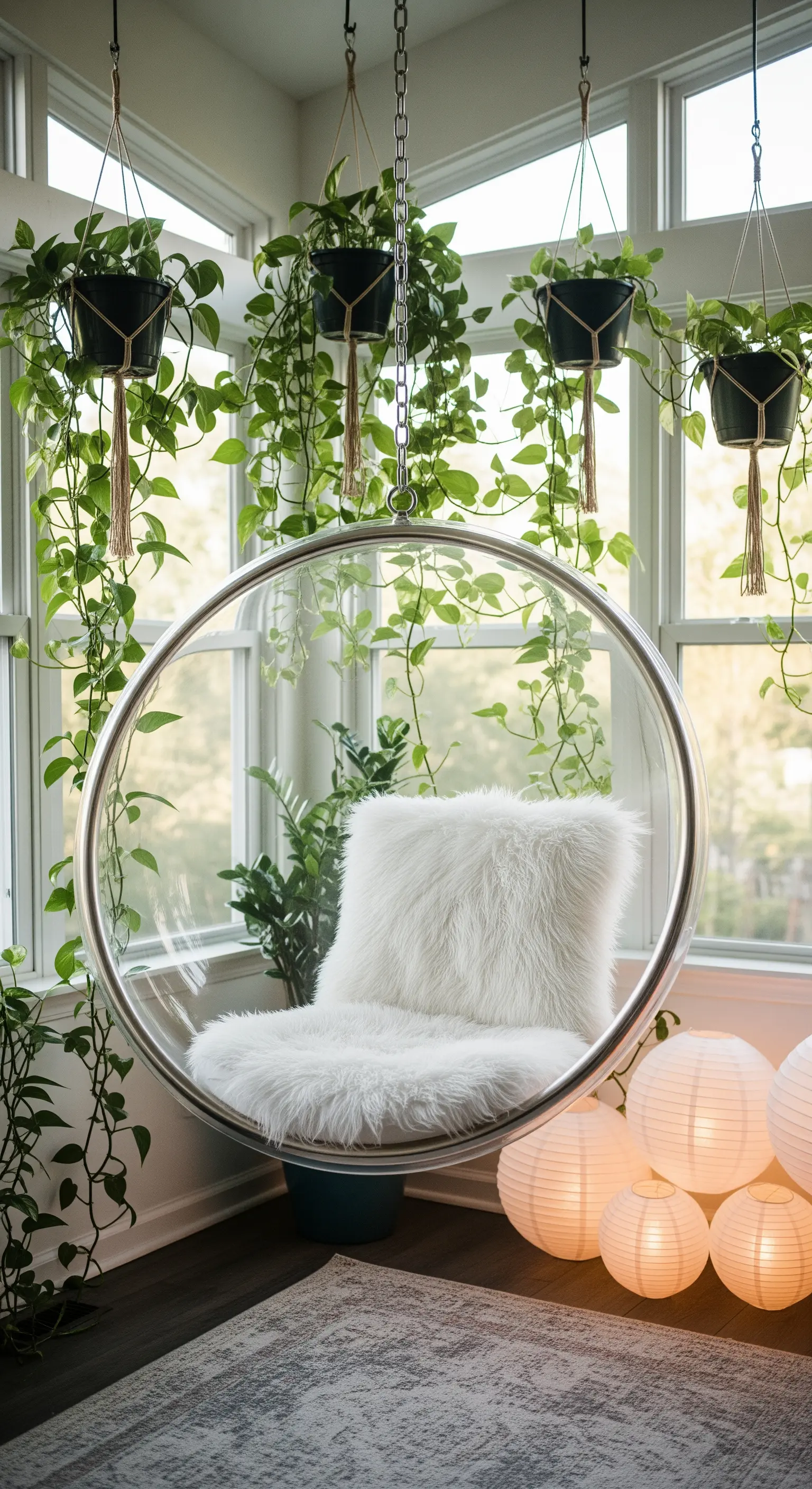 Poltrona sospesa a bolla trasparente con cuscino bianco peloso, circondata da piante.