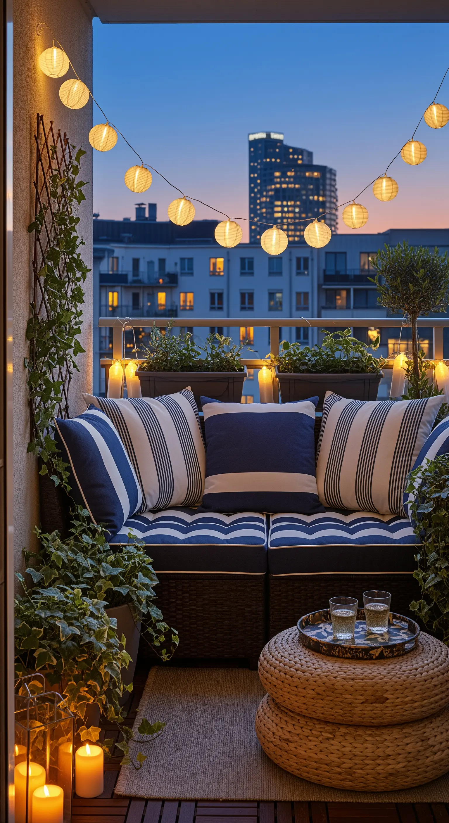 Balcone cittadino di sera con divanetto a righe, lanterne luminose e piante rampicanti.
