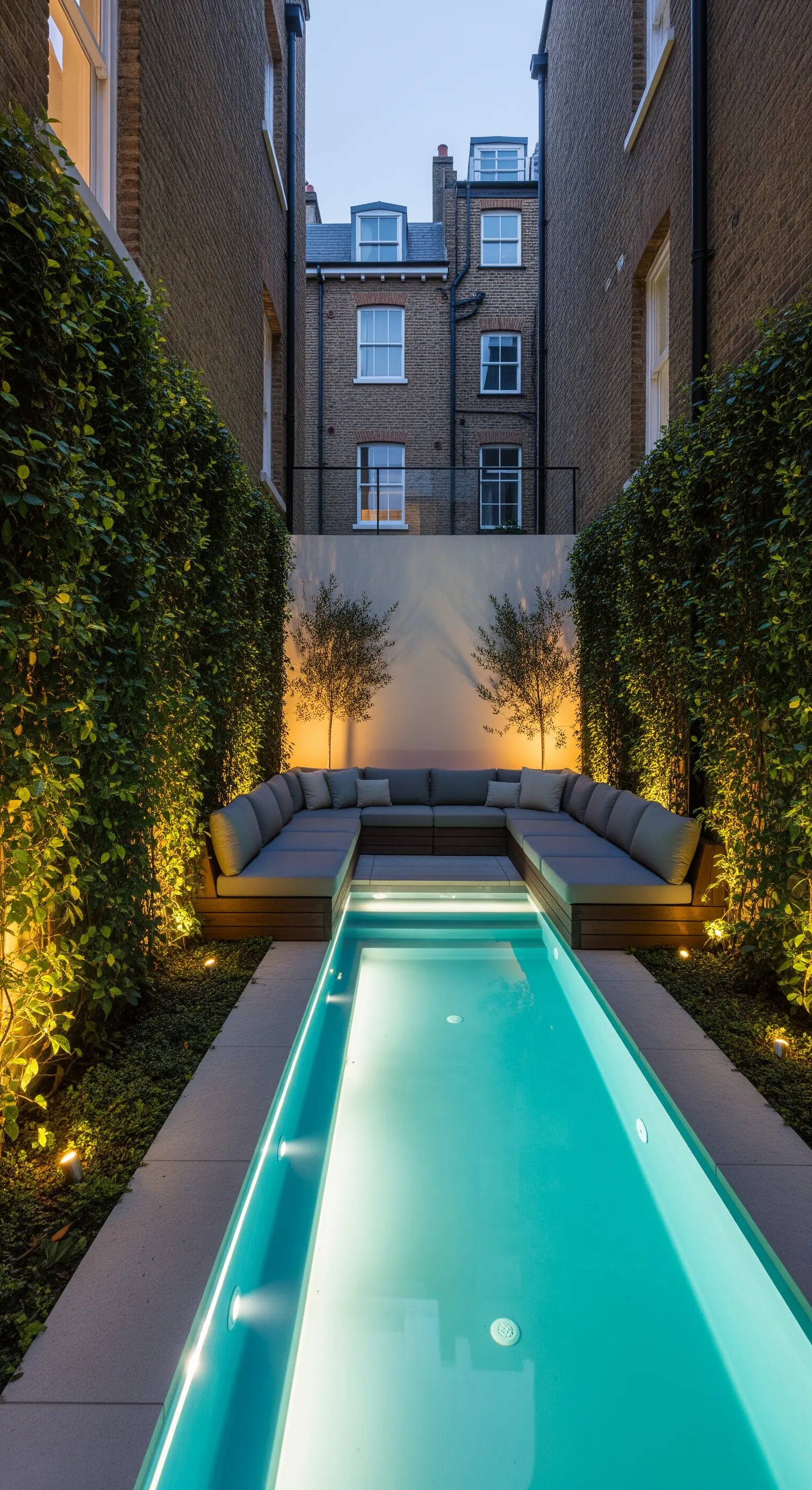 Giardino urbano stretto con una lunga piscina affiancata da alte pareti verdi illuminate e un'area salotto.