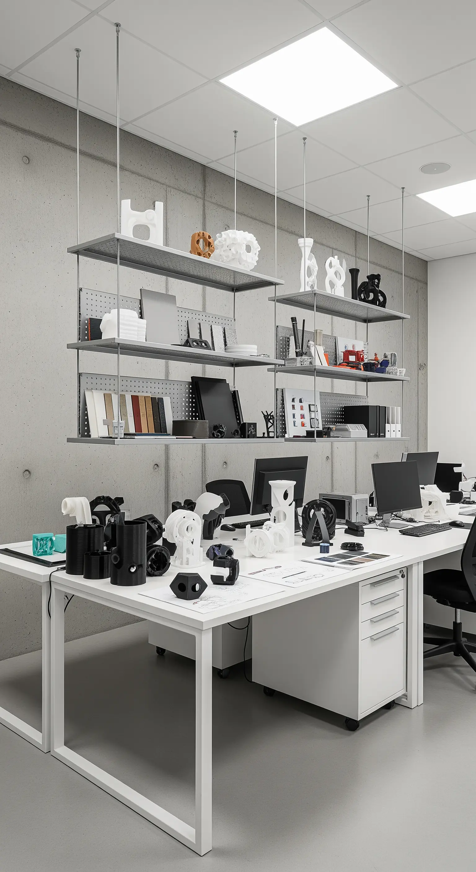 Ufficio open space con pareti in cemento e scaffalature metalliche sospese sopra le scrivanie.