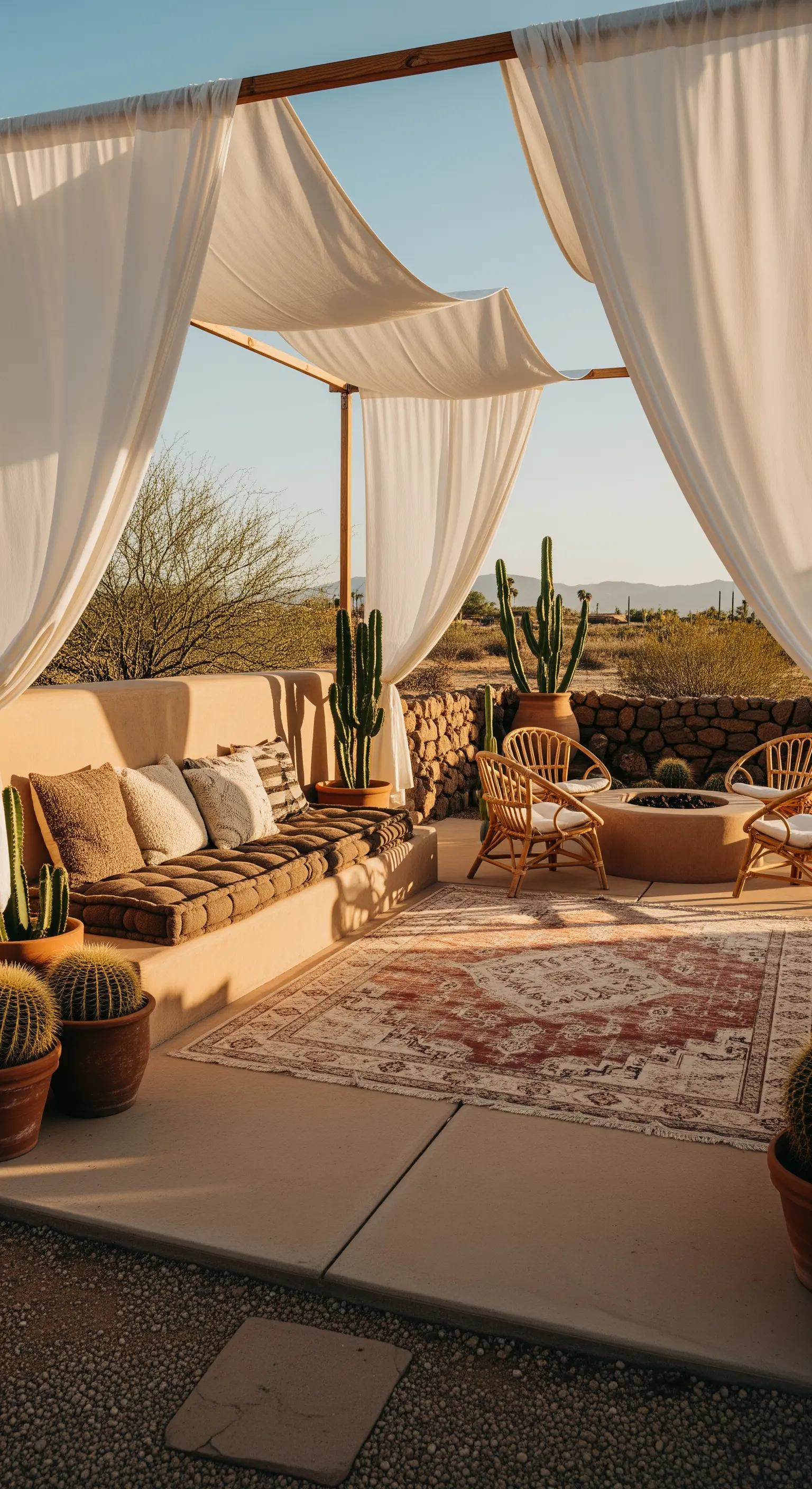 Patio in stile desertico con sedute in muratura, tende bianche drappeggiate e tappeto etnico.