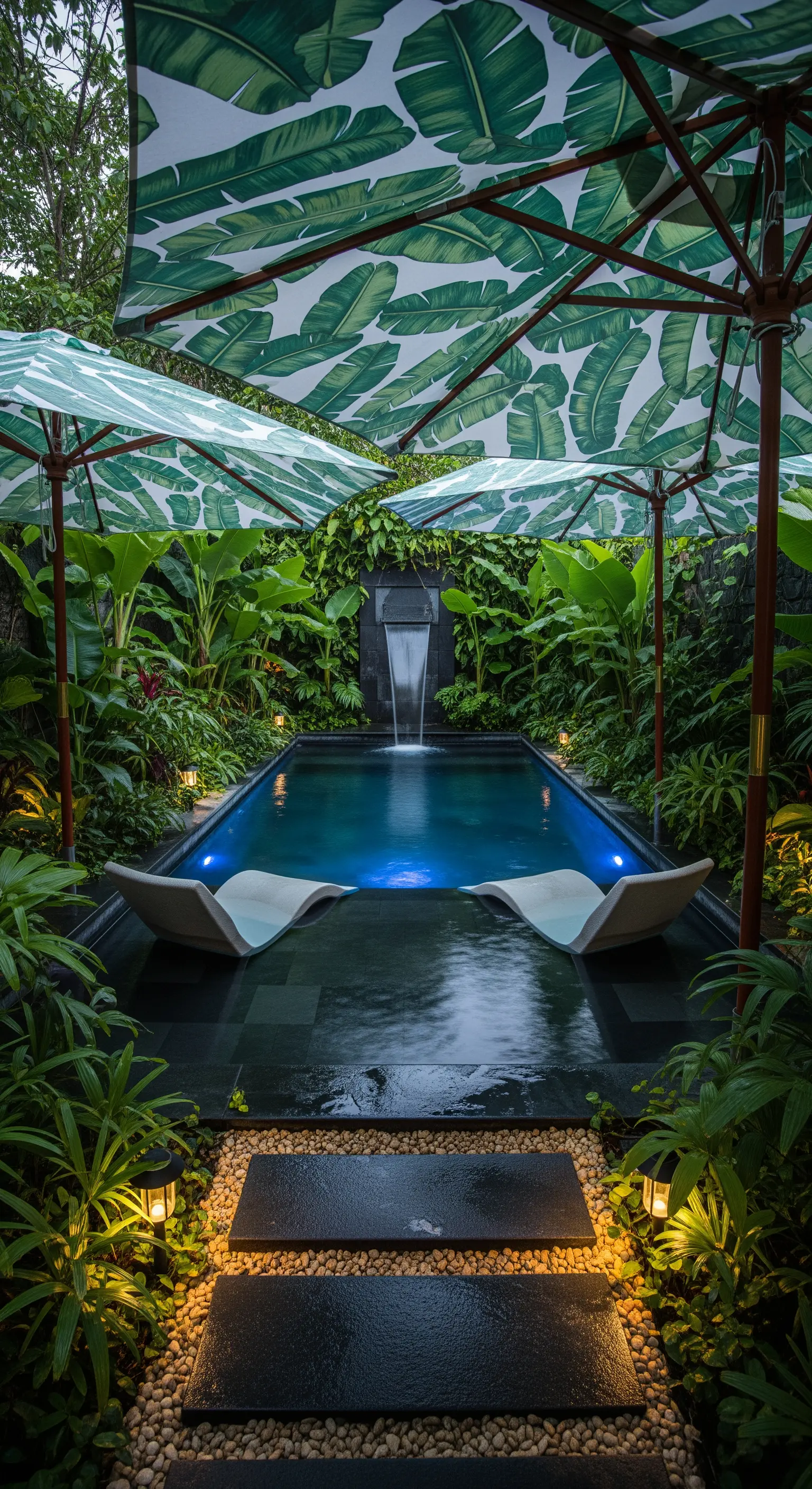 Piscina circondata da vegetazione con lettini sotto ombrelloni a fantasia di foglie di banano.