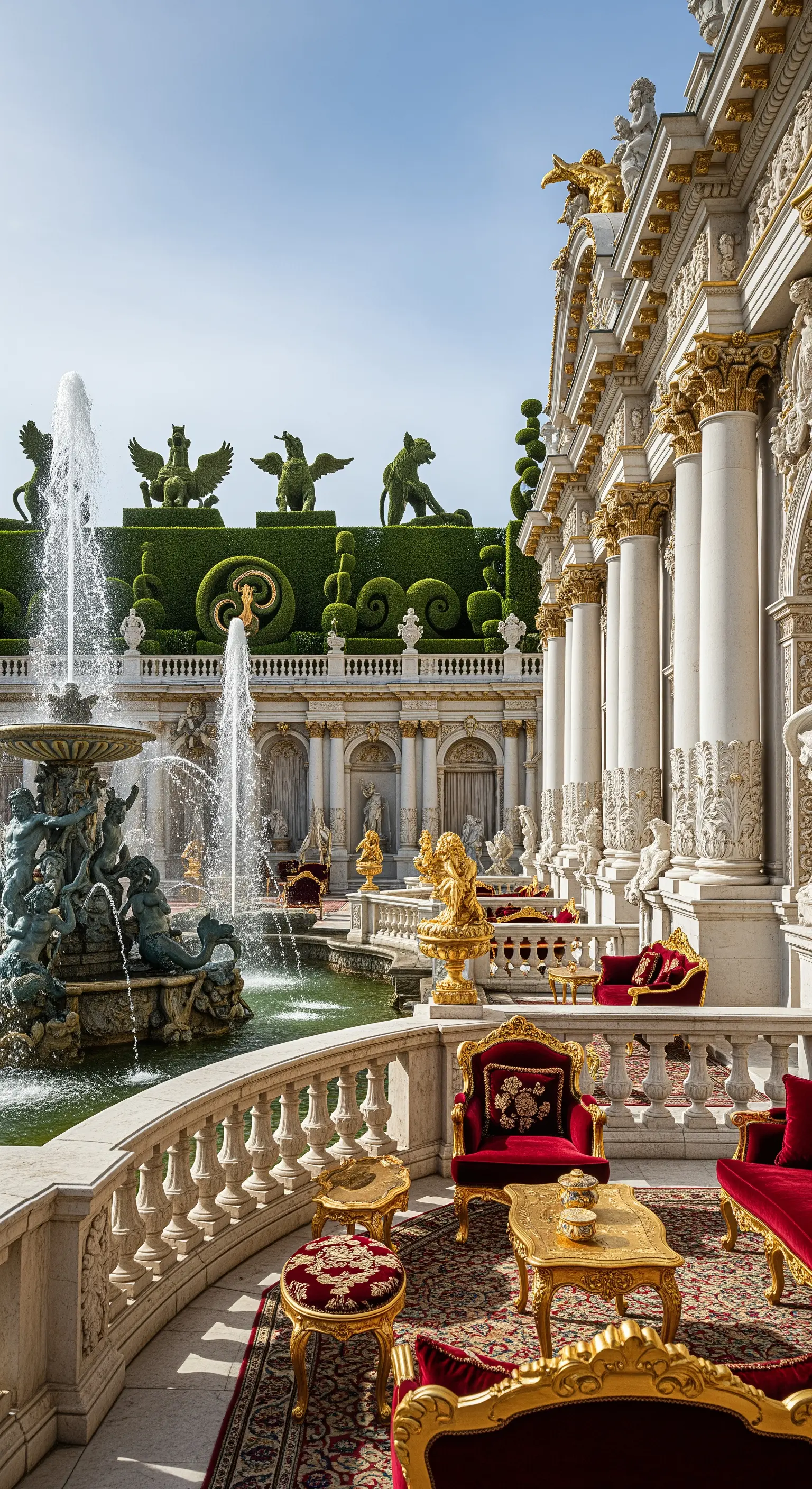 Patio barocco con arredi dorati e in velluto rosso, fontana scultorea e arte topiaria.