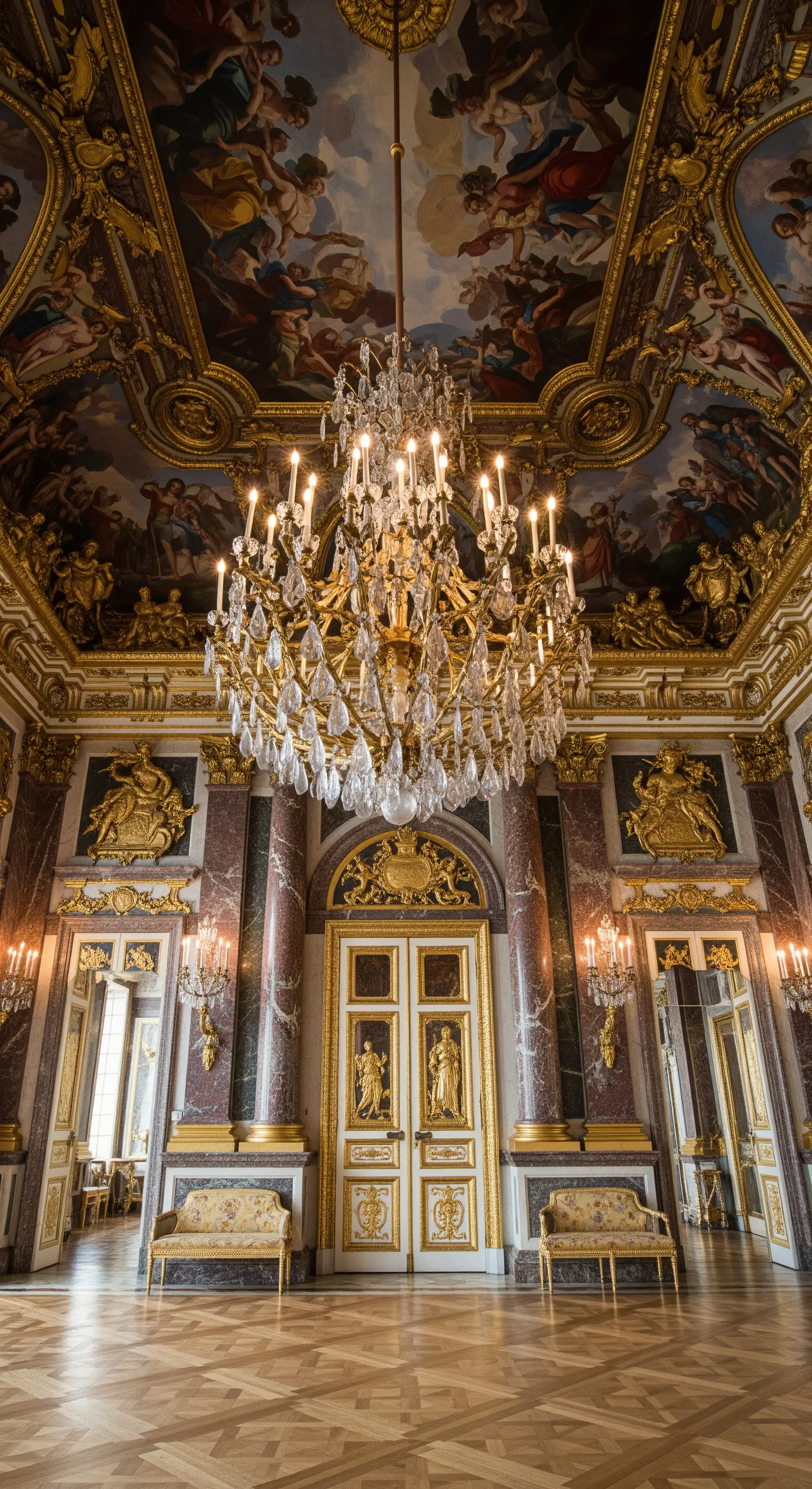 Salone barocco con soffitto affrescato, pareti in marmo e un imponente lampadario di cristallo dorato.