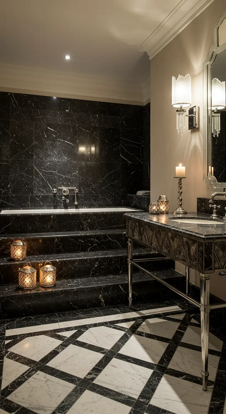 Bagno di lusso con pareti in marmo nero, pavimento a scacchiera e lavabo con gambe cromate.