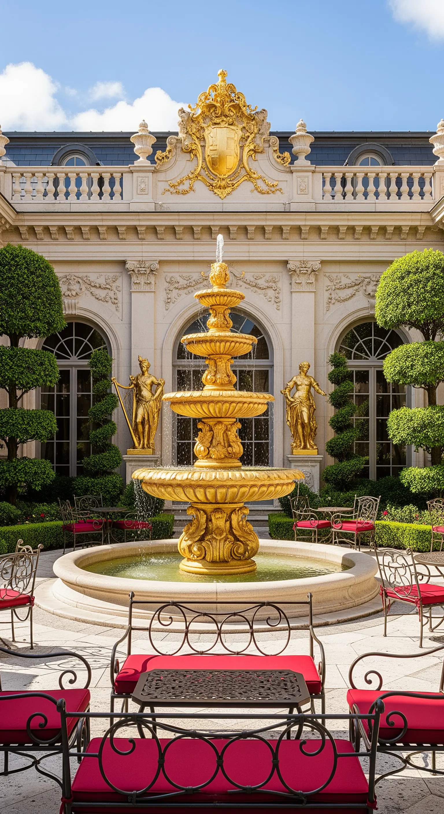 Cortile di un palazzo con imponente fontana dorata e sedie in ferro con cuscini rossi.