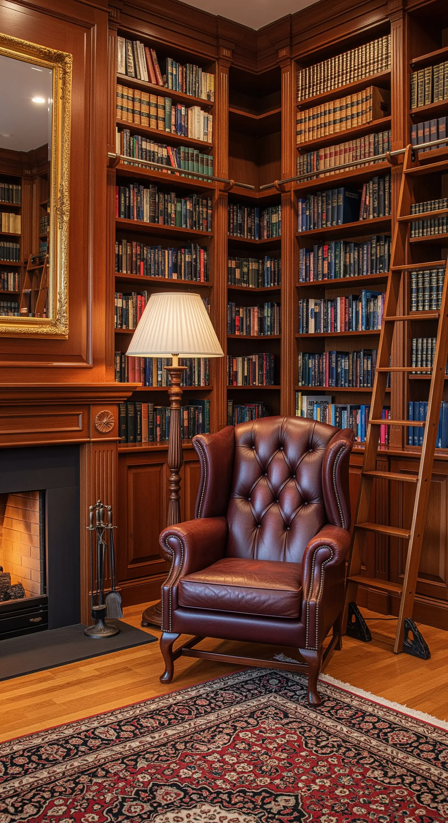 Poltrona in pelle in una grande biblioteca con camino, boiserie e scala in legno.