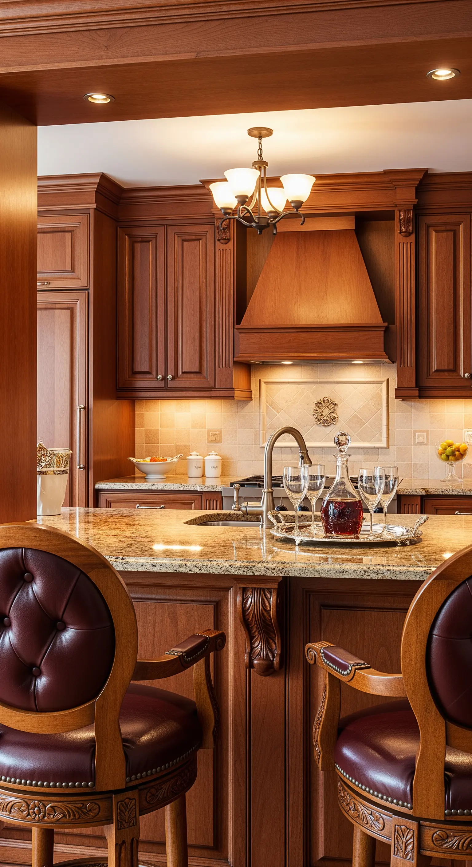 Cucina tradizionale in legno di ciliegio con sgabelli capitonné in pelle bordeaux.