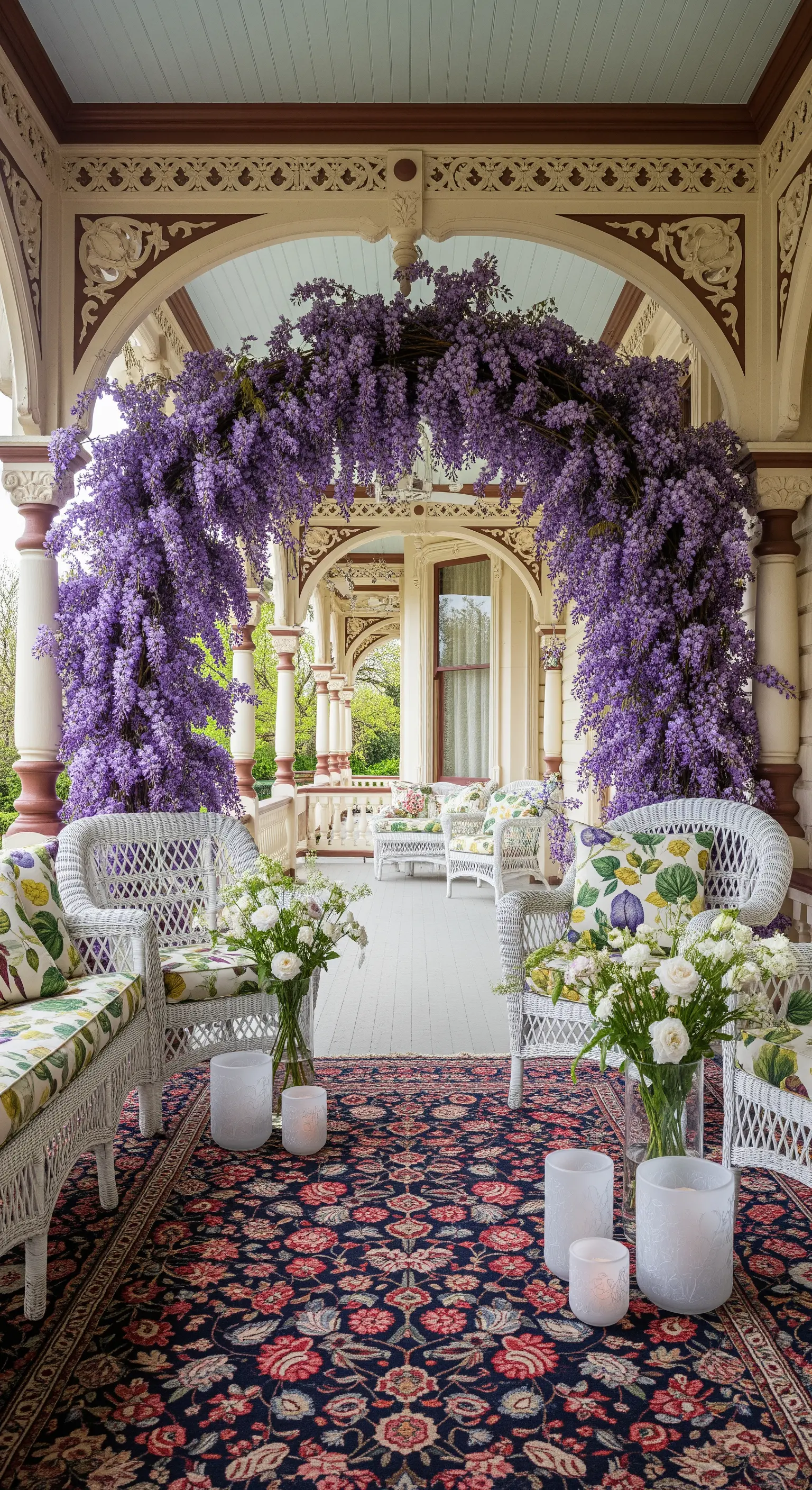 Portico vittoriano con una spettacolare arcata di glicine viola e arredi in vimini bianco