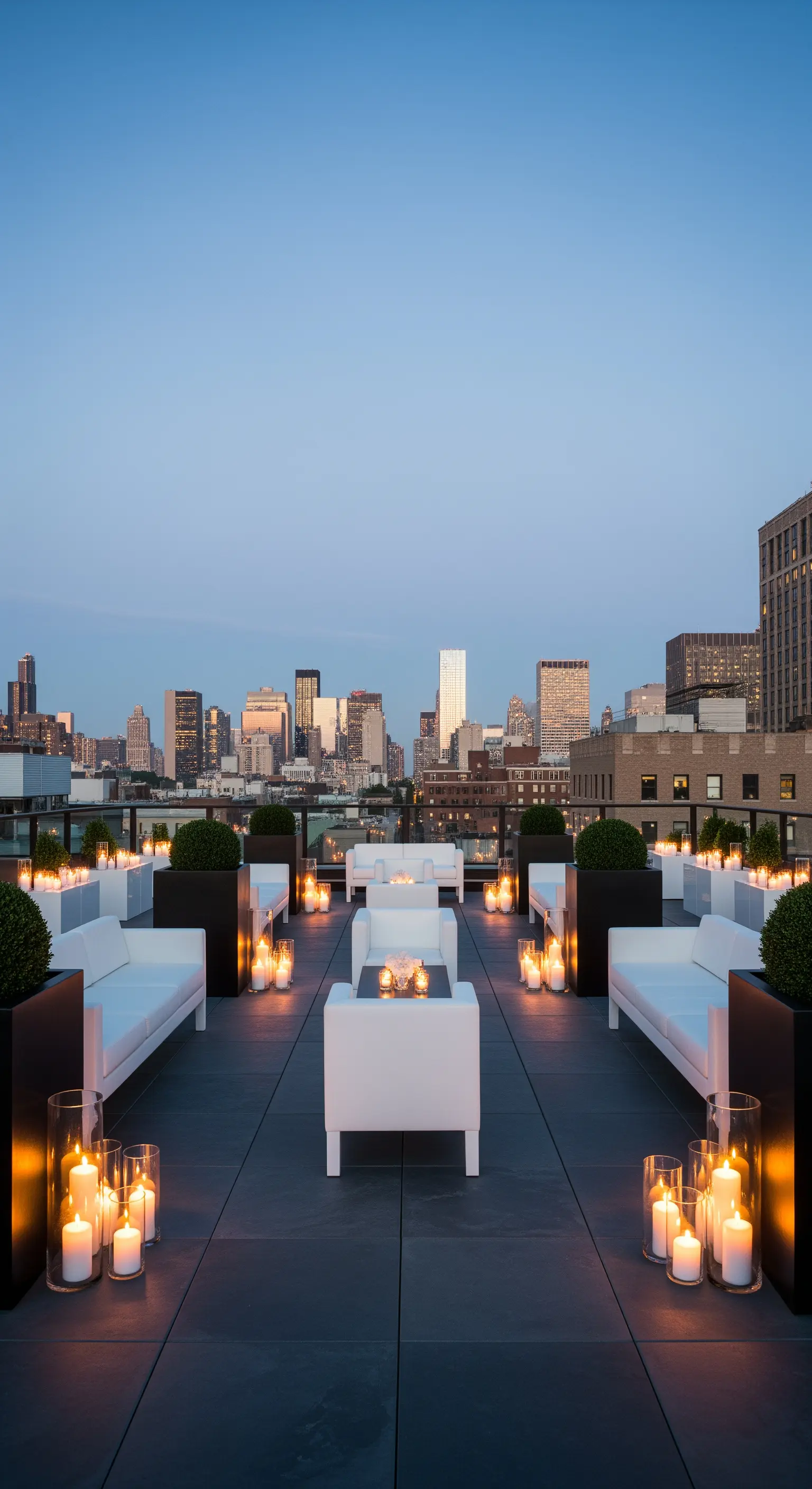 Terrazza con divani bianchi e decine di candele accese al crepuscolo.