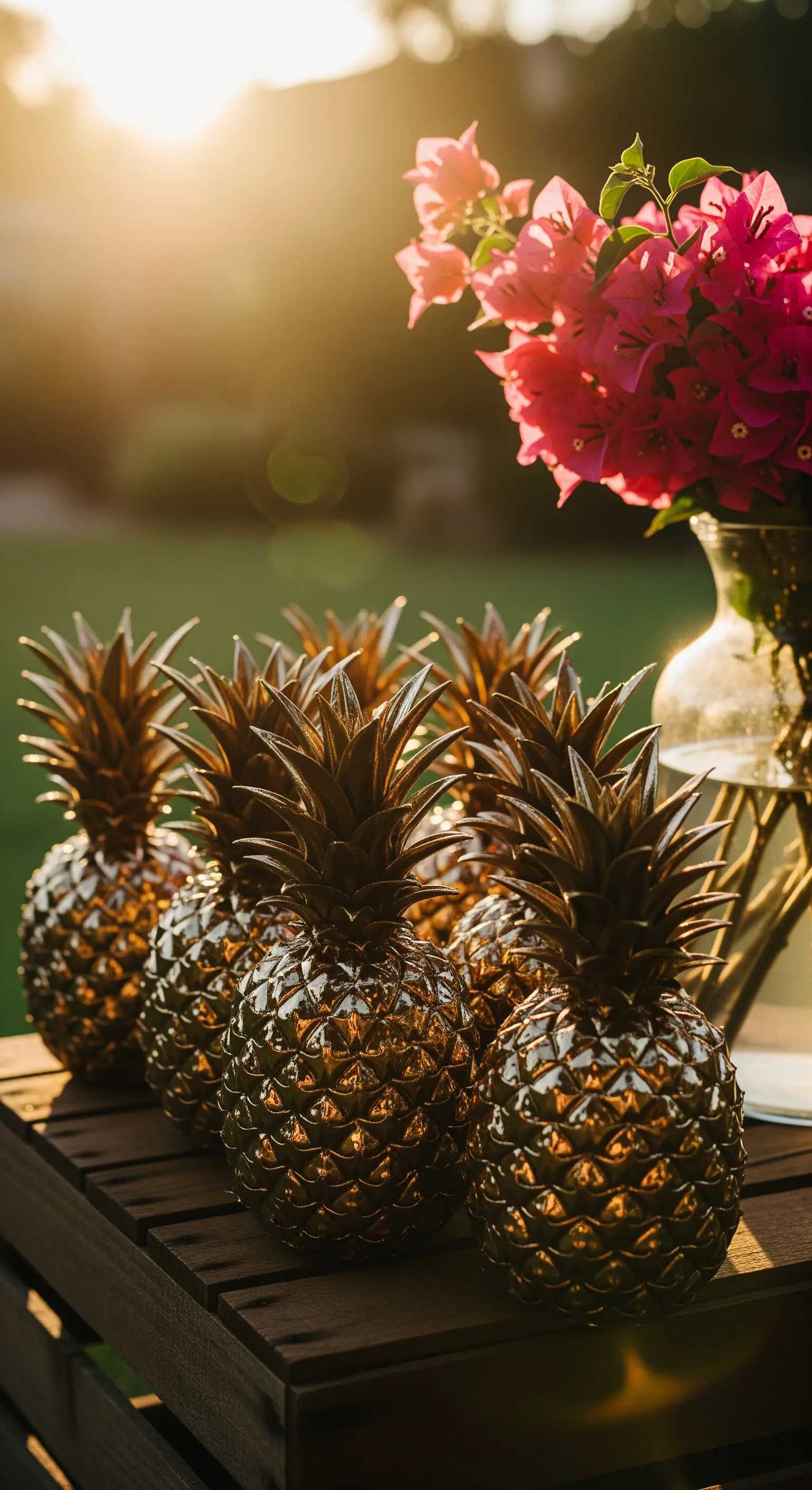 Ananas decorativi con finitura bronzo dorato illuminati dalla luce calda del tramonto in un giardino.