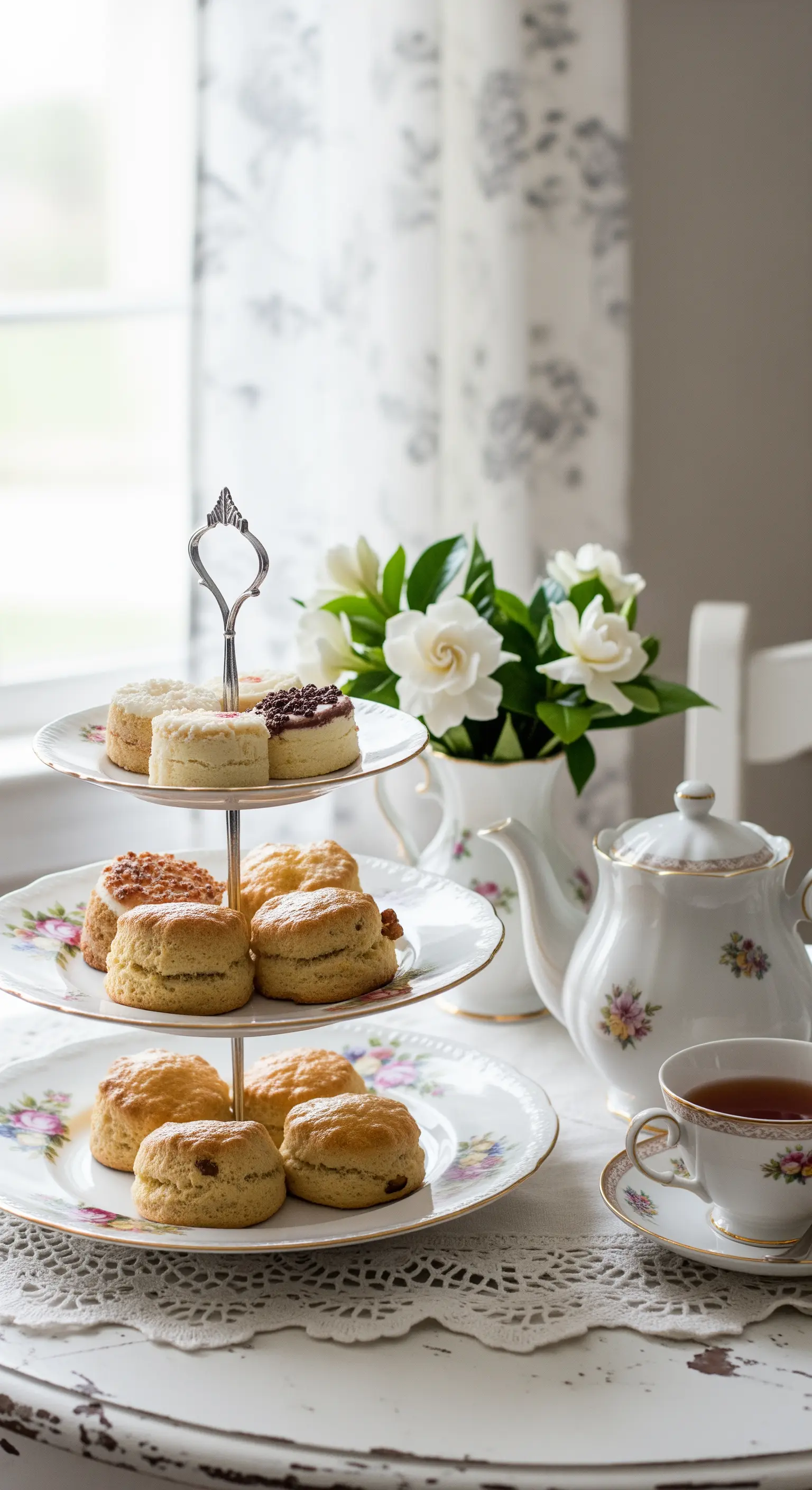 Tavola apparecchiata per il tè con alzatina, servizio in porcellana floreale e fiori bianchi.