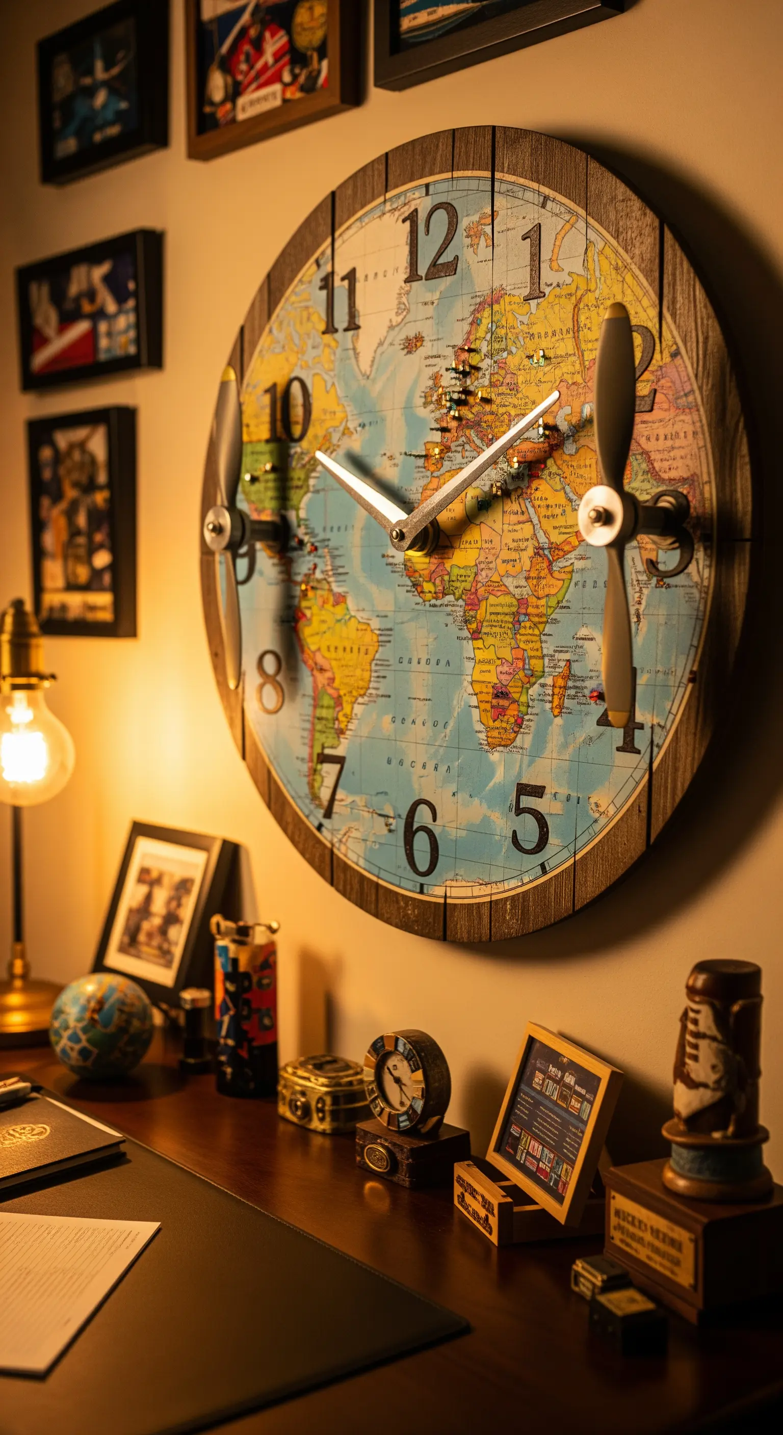 Orologio da parete con un mappamondo come quadrante e piccole eliche decorative al posto delle lancette.